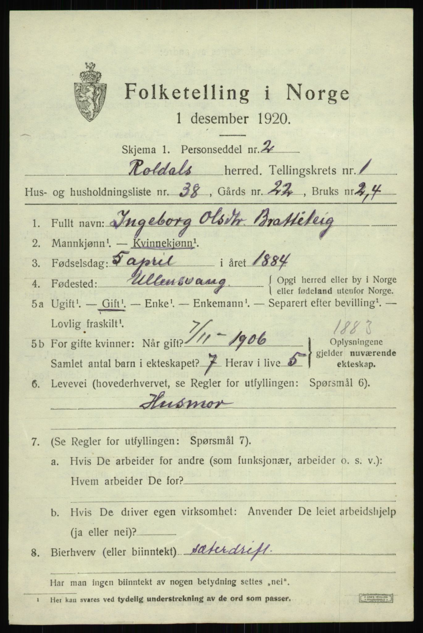 SAB, 1920 census for Røldal, 1920, p. 727