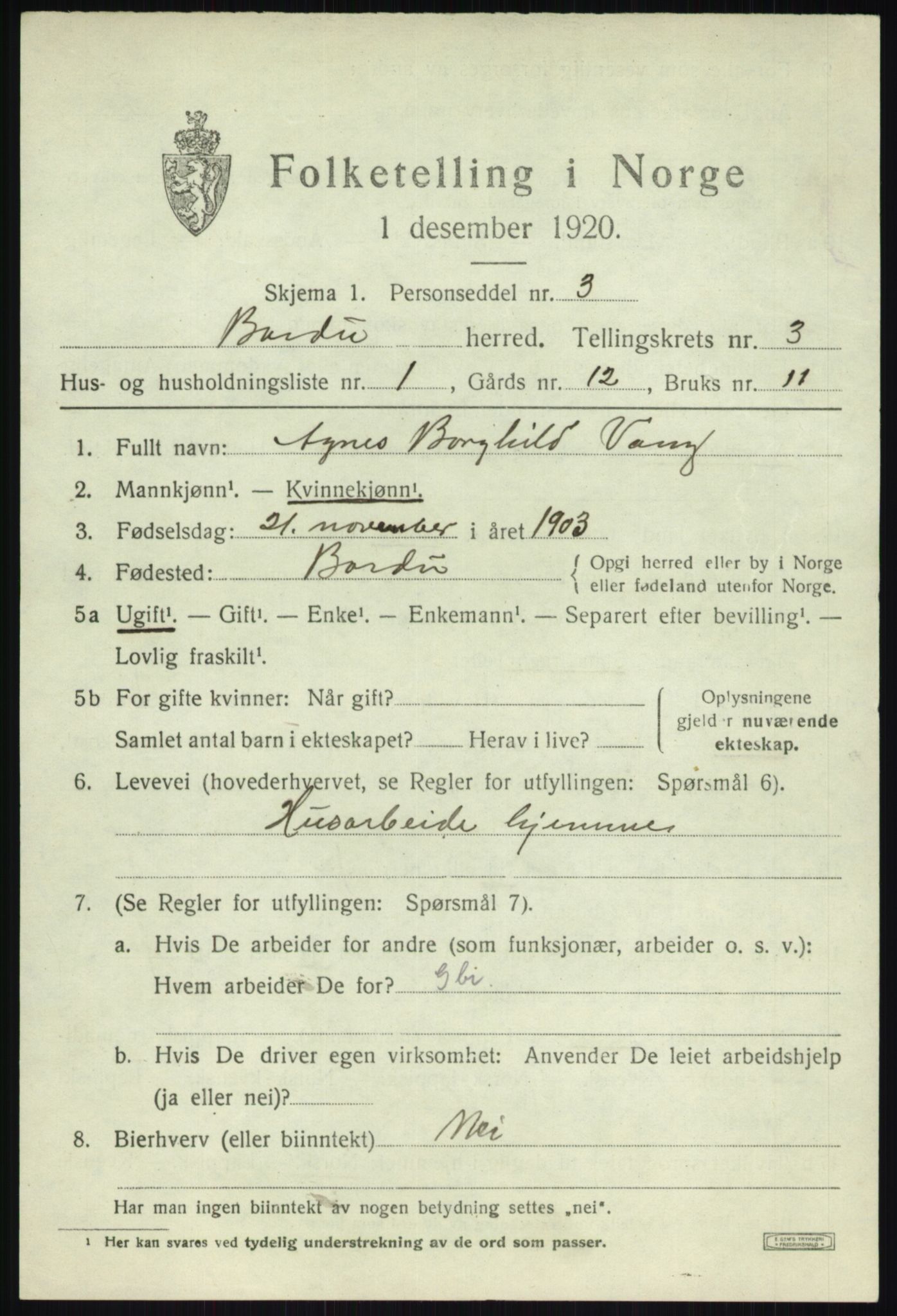 SATØ, 1920 census for Bardu, 1920, p. 1161