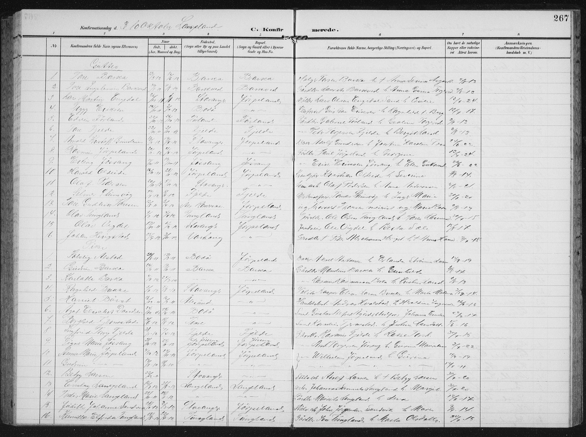 Strand sokneprestkontor, AV/SAST-A-101828/H/Ha/Hab/L0005: Parish register (copy) no. B 5, 1904-1934, p. 267