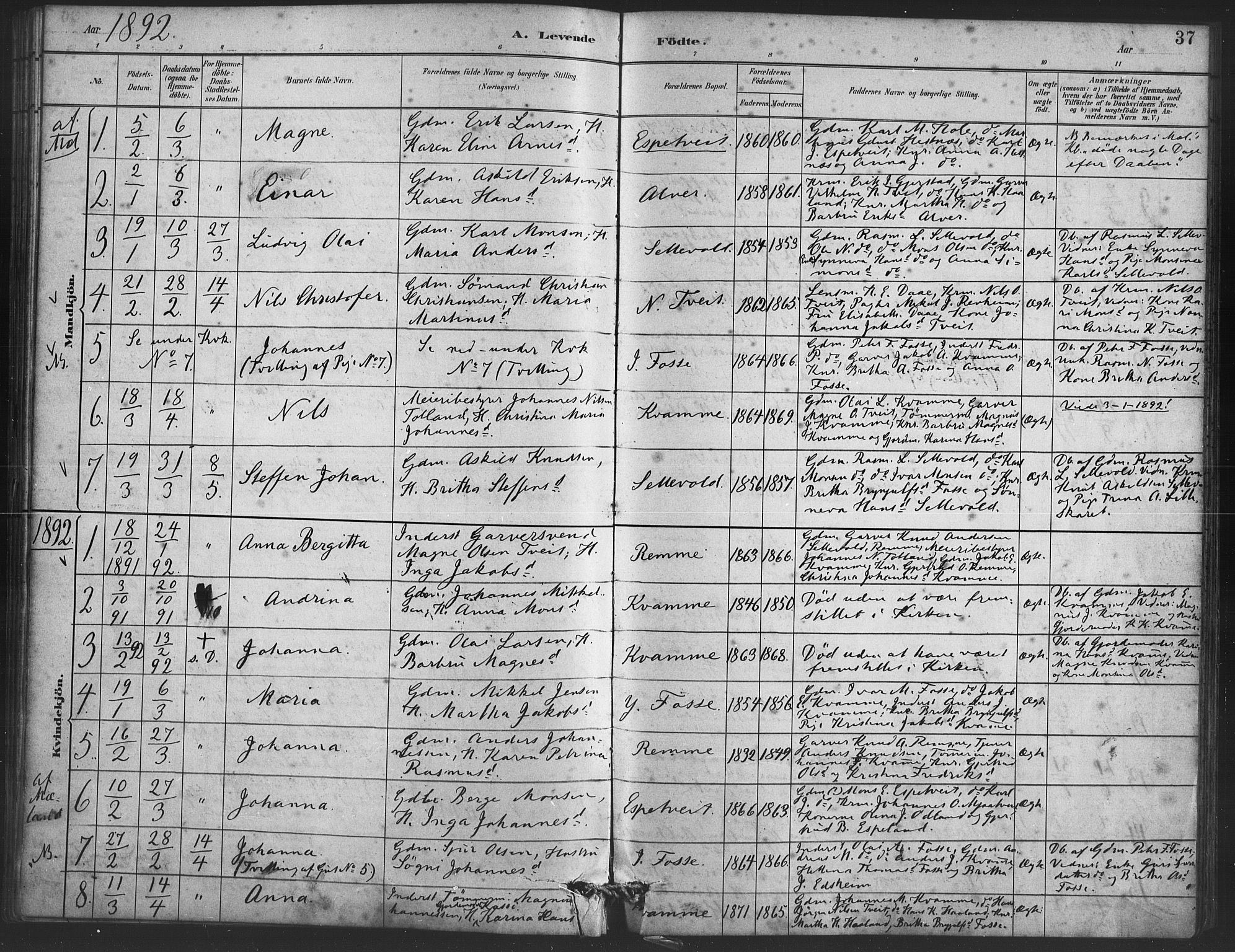 Alversund Sokneprestembete, AV/SAB-A-73901/H/Ha/Haa/Haaa/L0001: Parish register (official) no. A 1, 1882-1896, p. 37