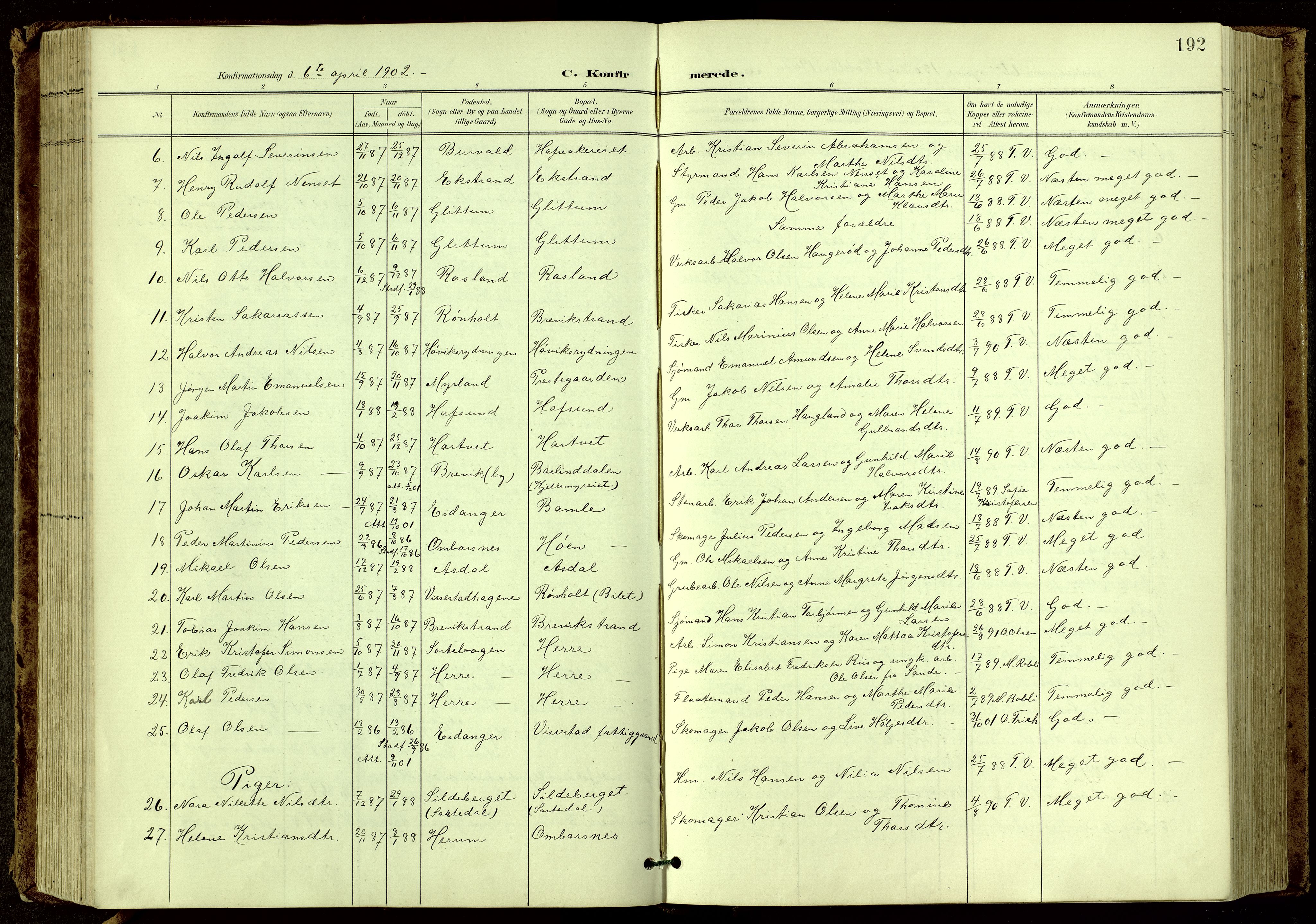 Bamble kirkebøker, SAKO/A-253/G/Ga/L0010: Parish register (copy) no. I 10, 1901-1919, p. 192