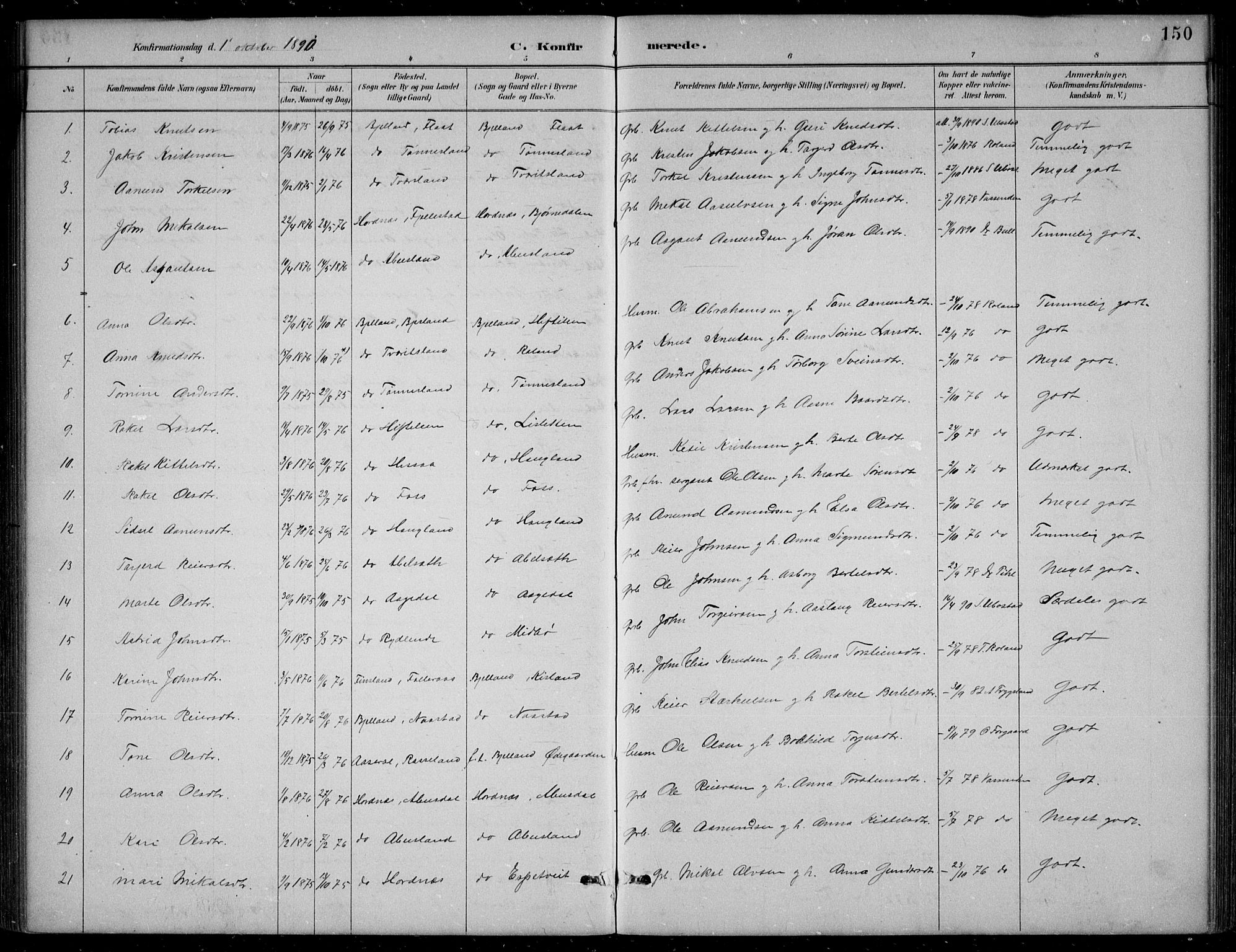 Bjelland sokneprestkontor, SAK/1111-0005/F/Fb/Fba/L0005: Parish register (copy) no. B 5, 1887-1923, p. 150