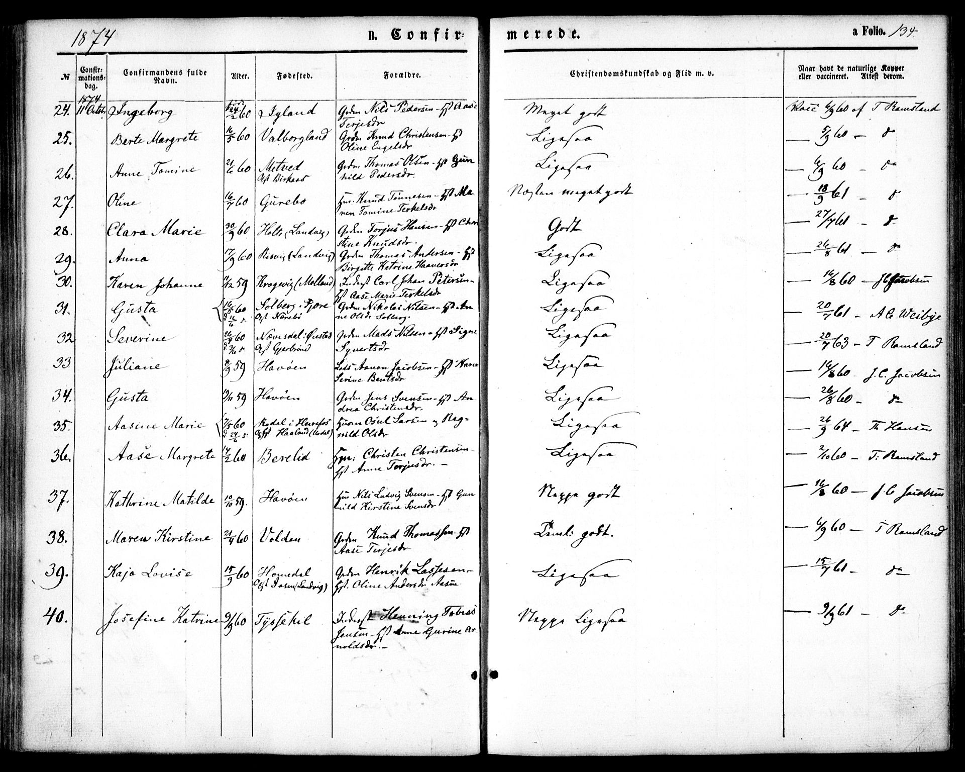 Hommedal sokneprestkontor, AV/SAK-1111-0023/F/Fa/Fab/L0005: Parish register (official) no. A 5, 1861-1877, p. 134