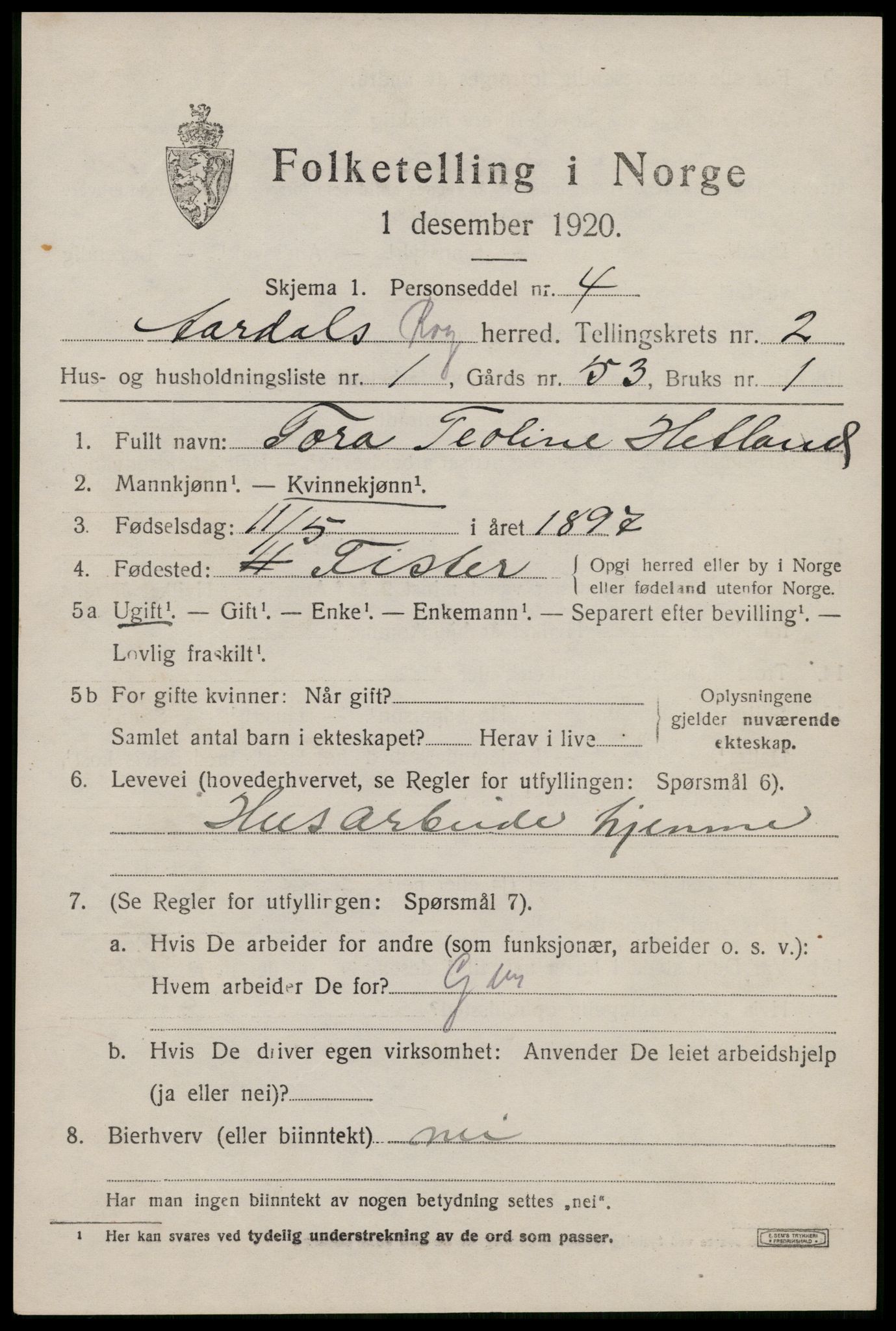 SAST, 1920 census for Årdal, 1920, p. 600