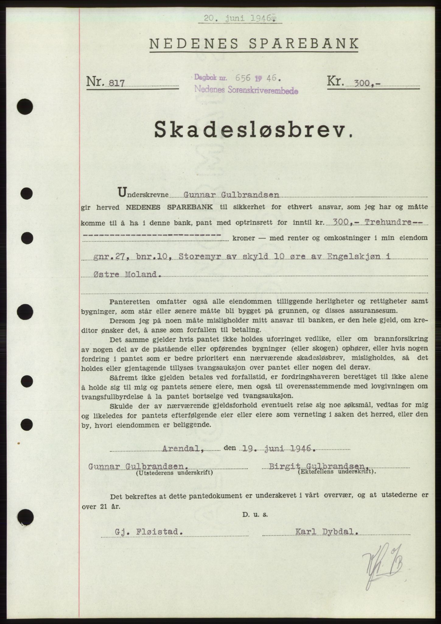 Nedenes sorenskriveri, AV/SAK-1221-0006/G/Gb/Gbb/L0003: Mortgage book no. B3b, 1946-1946, Diary no: : 656/1946