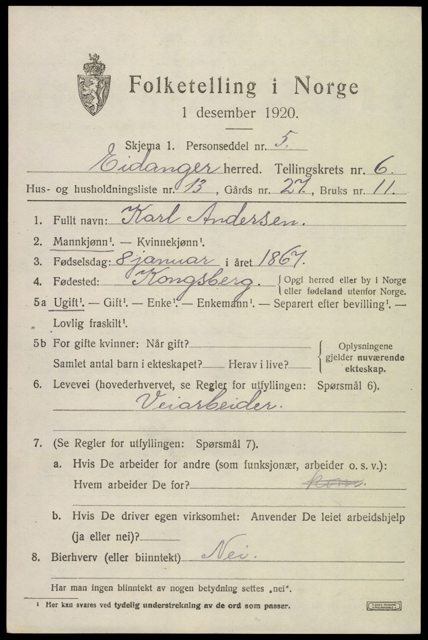 SAKO, 1920 census for Eidanger, 1920, p. 5212