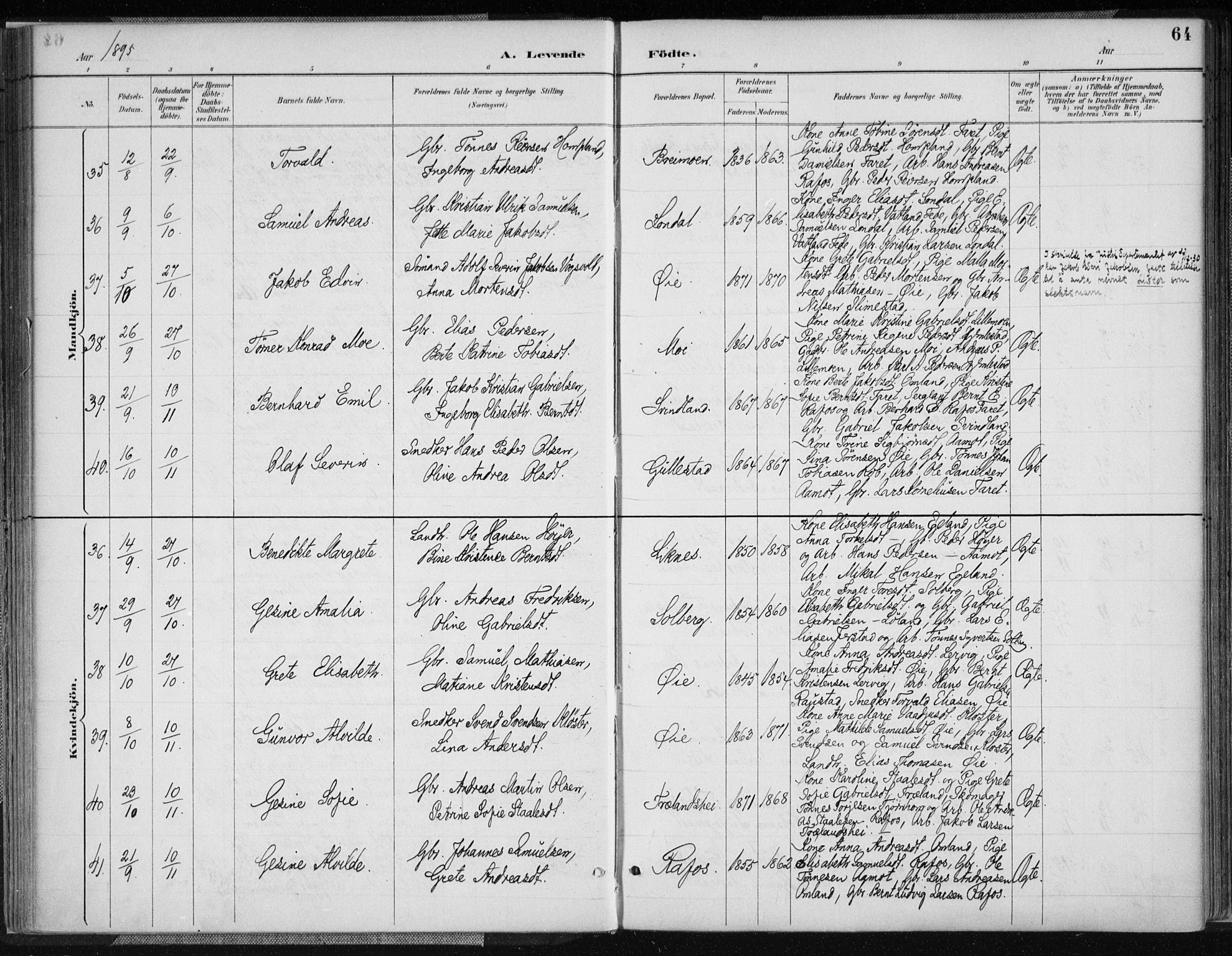 Kvinesdal sokneprestkontor, AV/SAK-1111-0026/F/Fa/Fab/L0008: Parish register (official) no. A 8, 1886-1897, p. 64