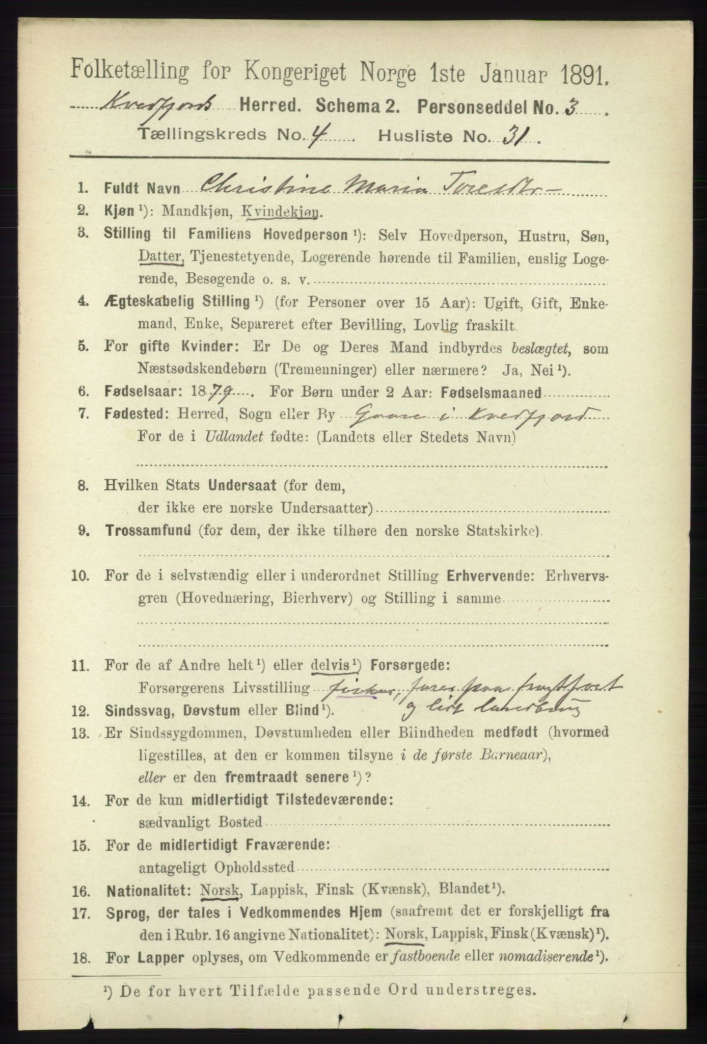 RA, 1891 census for 1911 Kvæfjord, 1891, p. 2093