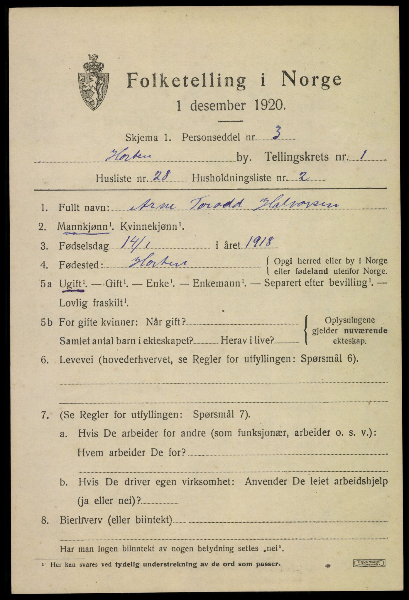 SAKO, 1920 census for Horten, 1920, p. 9133