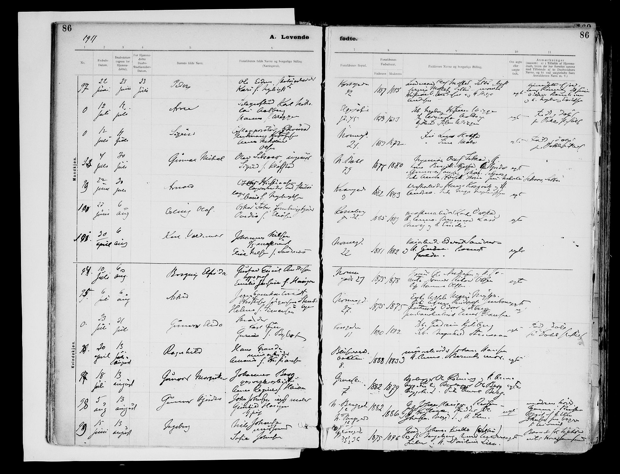 Ministerialprotokoller, klokkerbøker og fødselsregistre - Sør-Trøndelag, SAT/A-1456/604/L0203: Parish register (official) no. 604A23, 1908-1916, p. 86