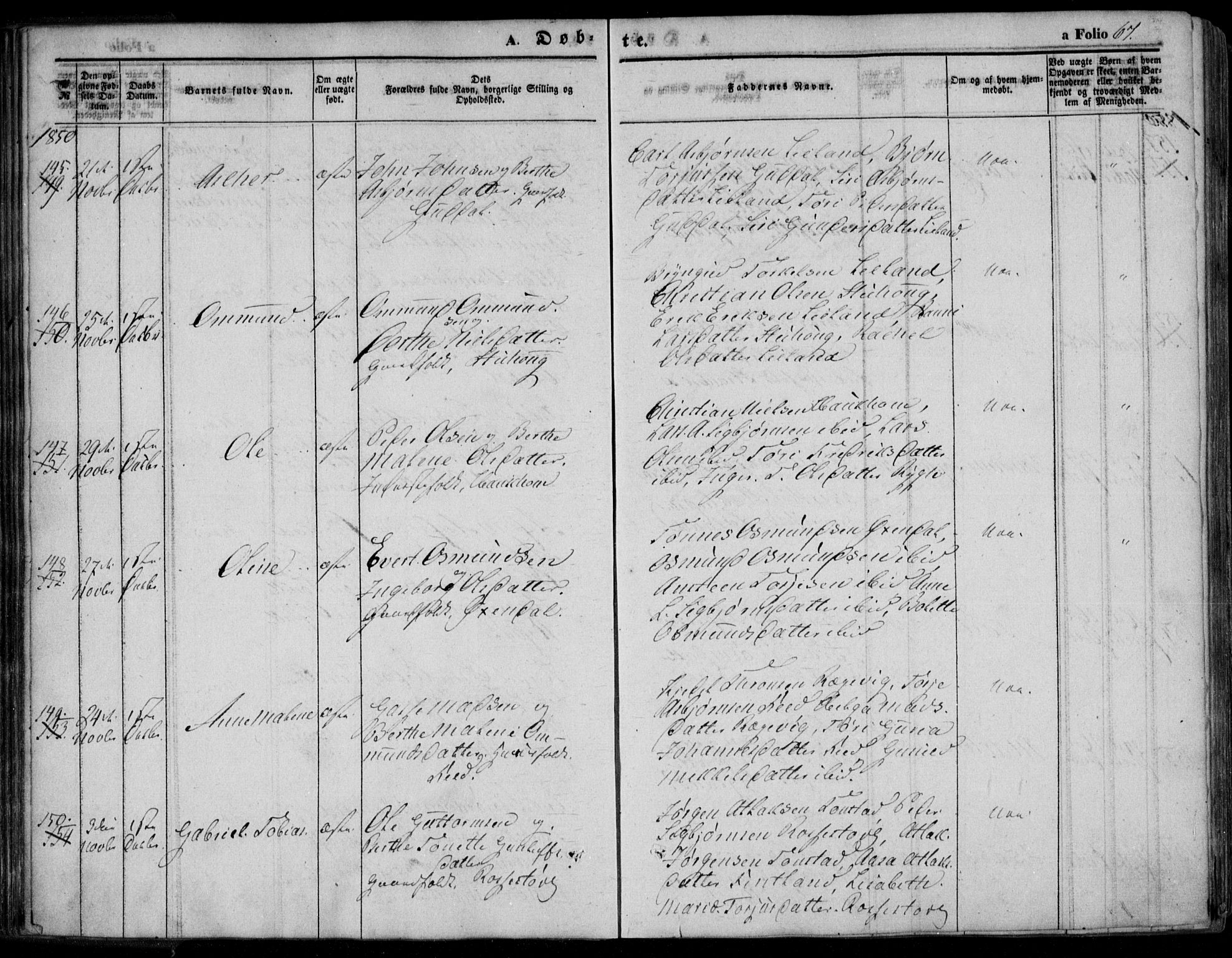 Bakke sokneprestkontor, AV/SAK-1111-0002/F/Fa/Faa/L0005: Parish register (official) no. A 5, 1847-1855, p. 67