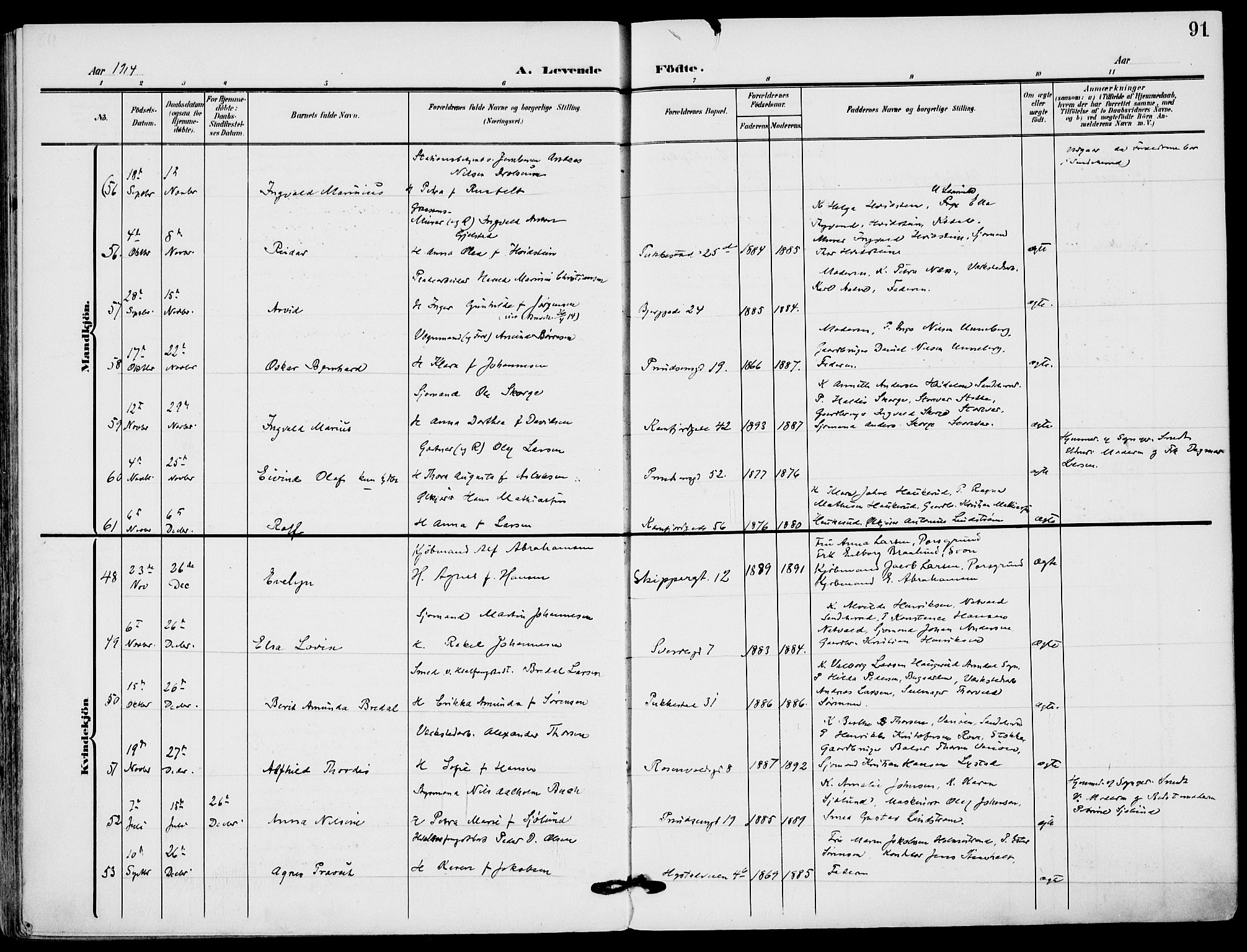 Sandefjord kirkebøker, AV/SAKO-A-315/F/Fa/L0005: Parish register (official) no. 5, 1906-1915, p. 91