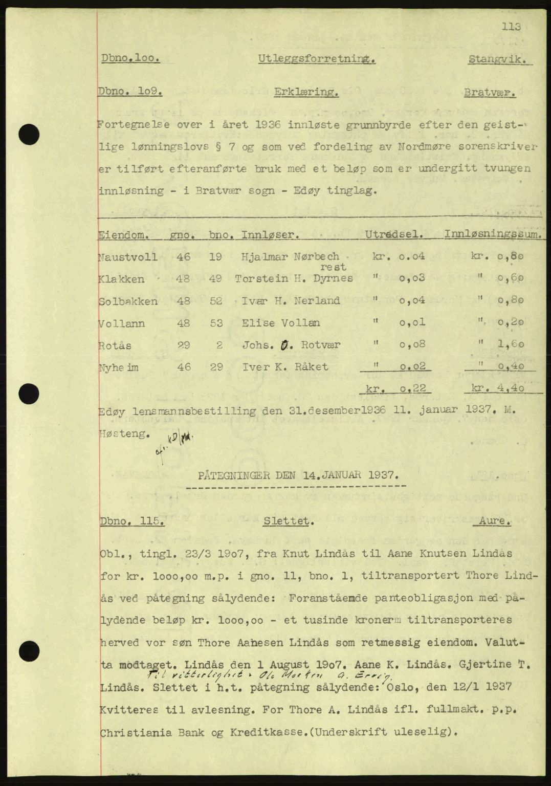 Nordmøre sorenskriveri, AV/SAT-A-4132/1/2/2Ca: Mortgage book no. C80, 1936-1939, Diary no: : 100/1937