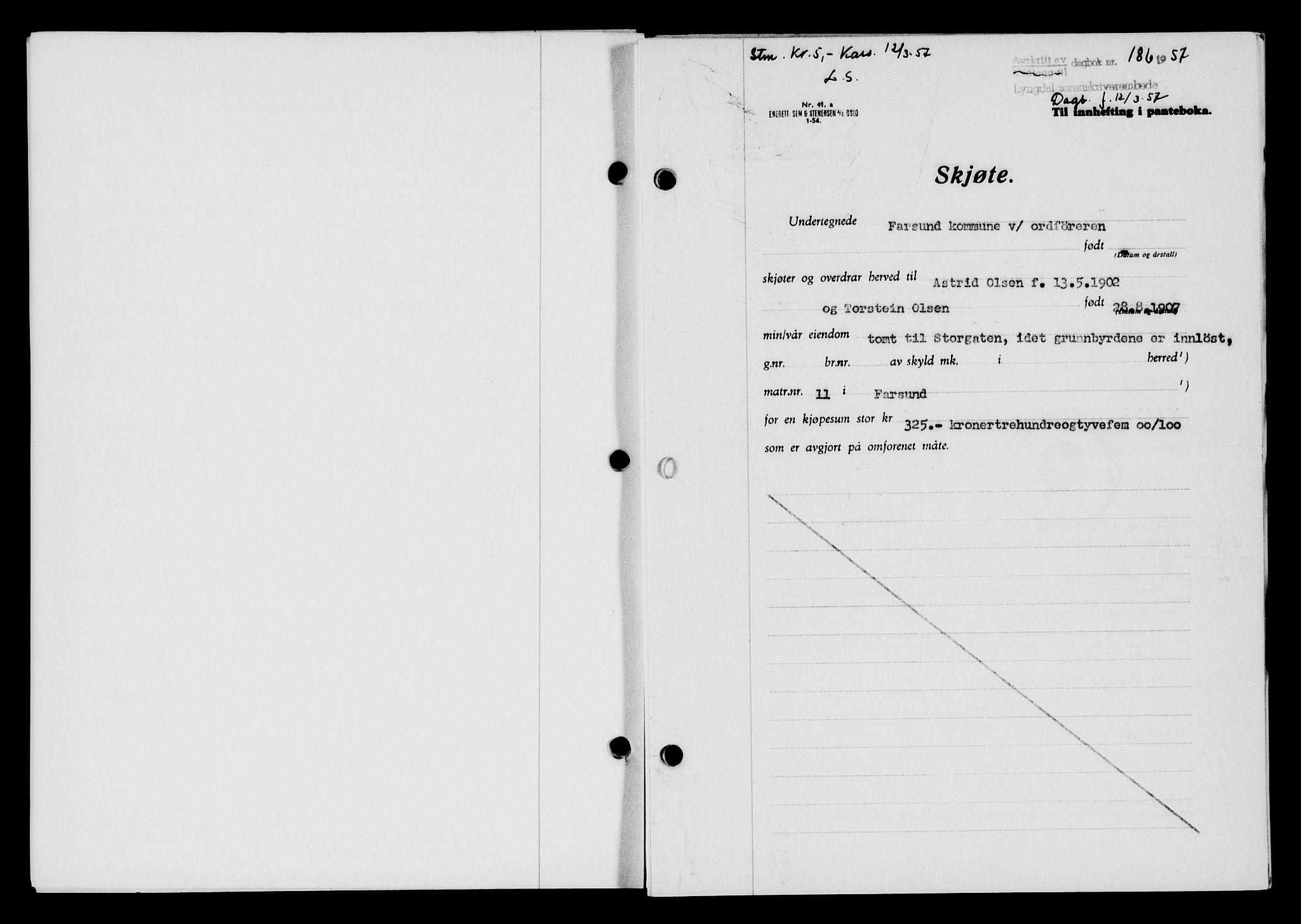 Lyngdal sorenskriveri, AV/SAK-1221-0004/G/Gb/L0676: Mortgage book no. A XXII, 1957-1957, Diary no: : 186/1957