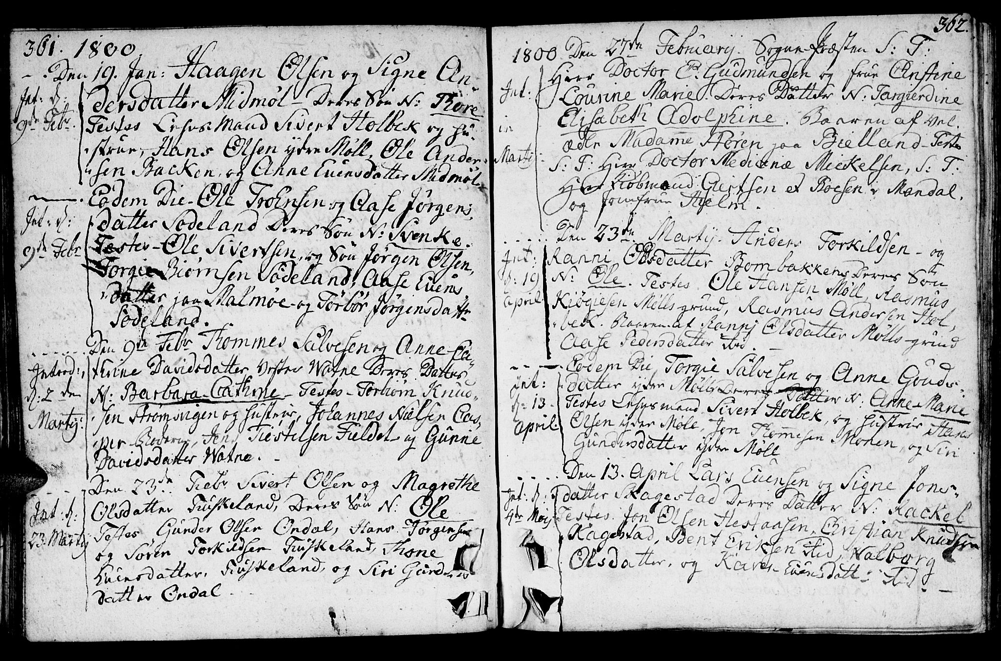 Holum sokneprestkontor, AV/SAK-1111-0022/F/Fa/Faa/L0003: Parish register (official) no. A 3, 1780-1821, p. 361-362