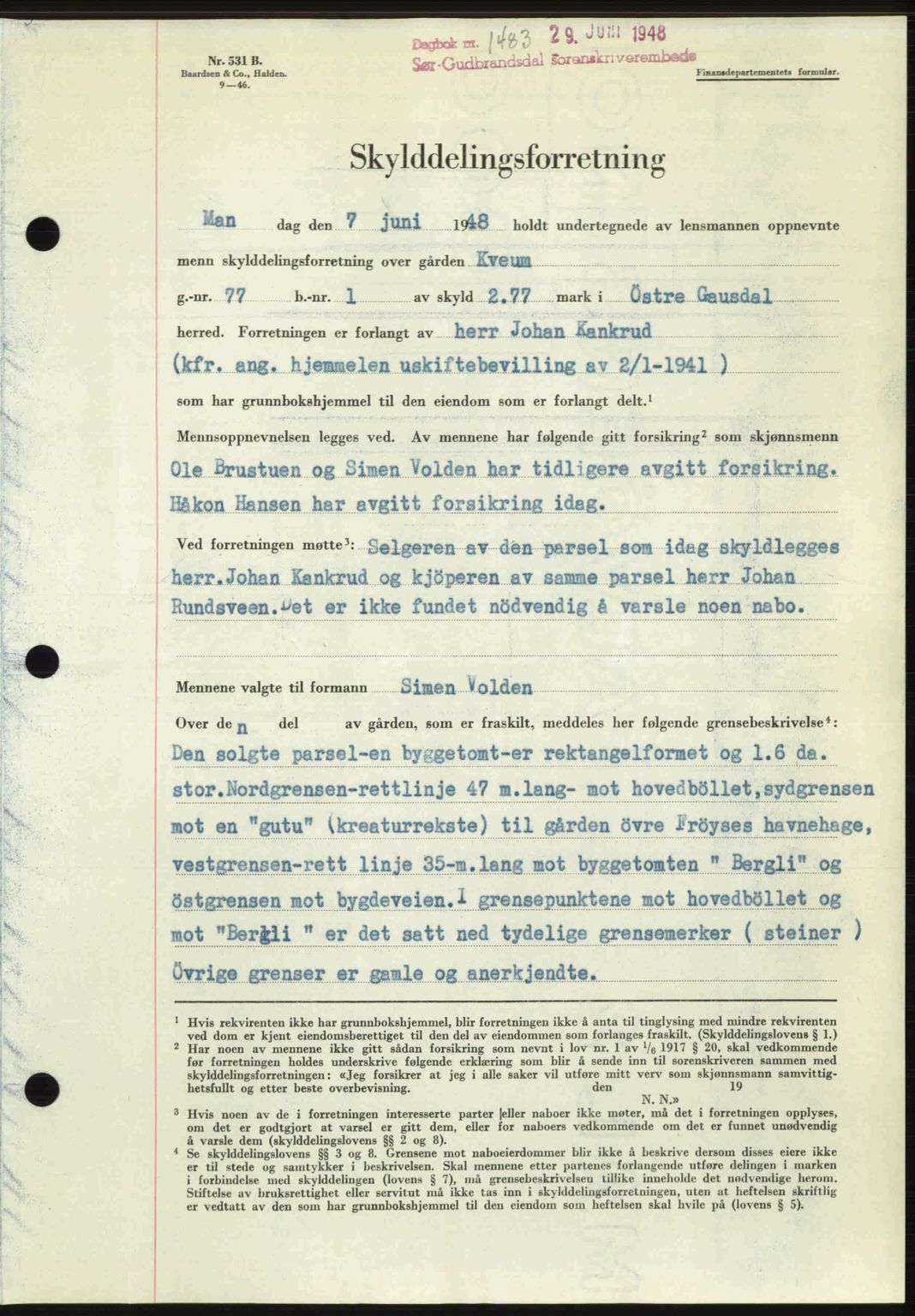 Sør-Gudbrandsdal tingrett, SAH/TING-004/H/Hb/Hbd/L0022: Mortgage book no. A22, 1948-1948, Diary no: : 1483/1948