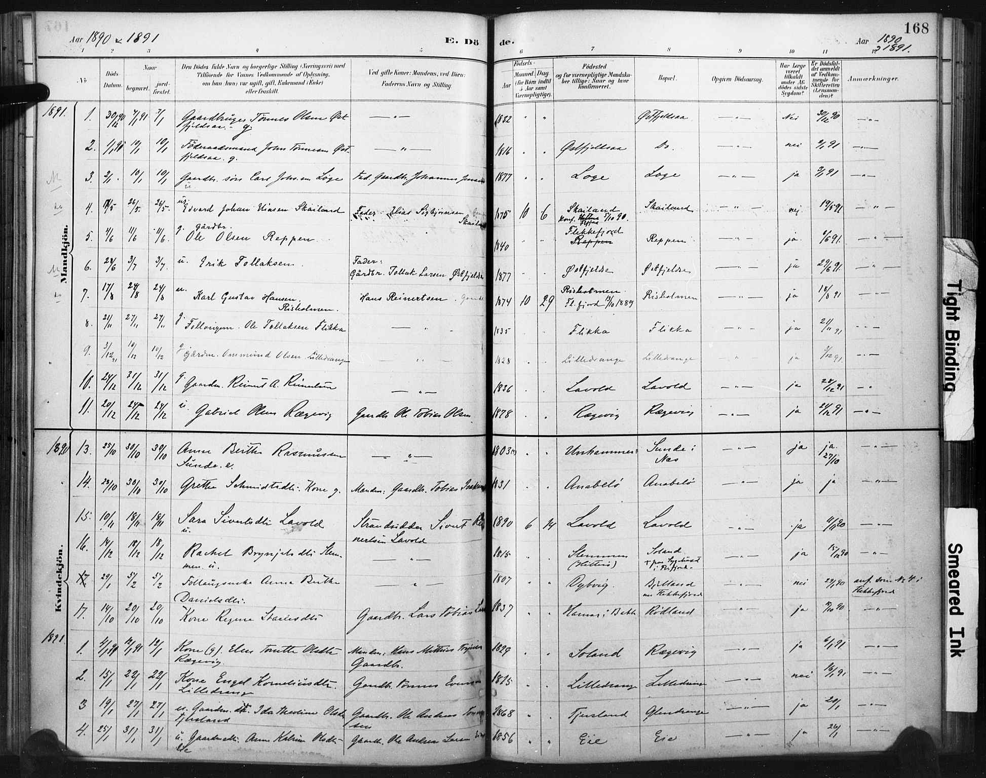 Flekkefjord sokneprestkontor, SAK/1111-0012/F/Fa/Fac/L0008: Parish register (official) no. A 8, 1885-1898, p. 168