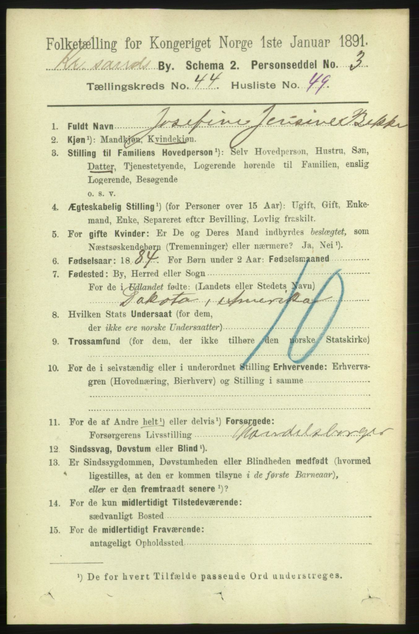 RA, 1891 census for 1001 Kristiansand, 1891, p. 13896