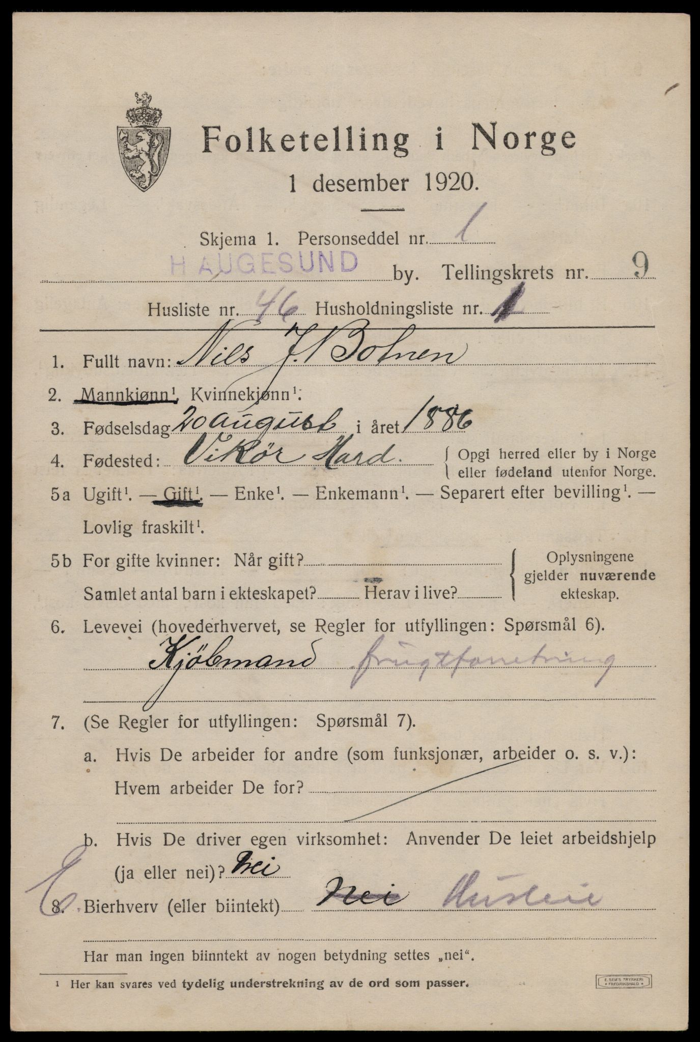 SAST, 1920 census for Haugesund, 1920, p. 32933