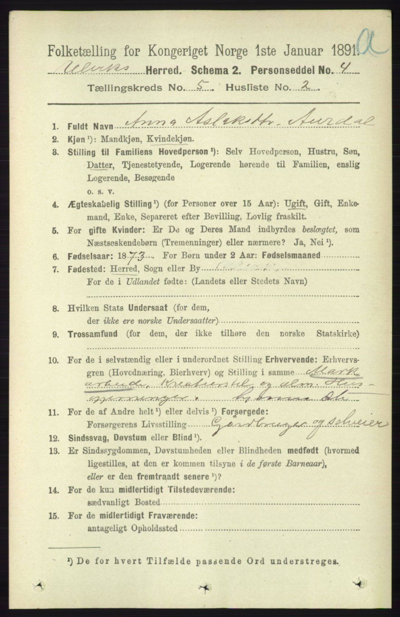 RA, 1891 census for 1233 Ulvik, 1891, p. 1409