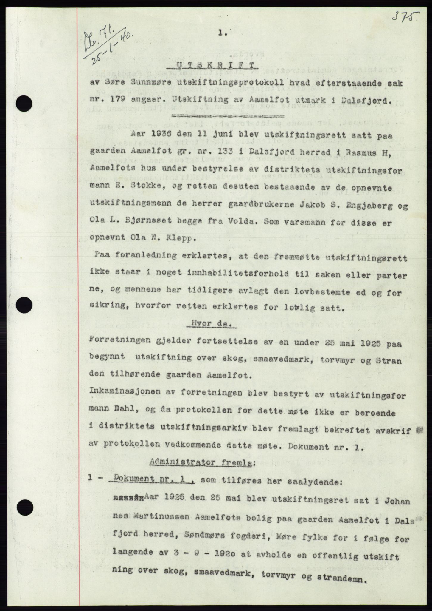 Søre Sunnmøre sorenskriveri, AV/SAT-A-4122/1/2/2C/L0069: Mortgage book no. 63, 1939-1940, Diary no: : 71/1940