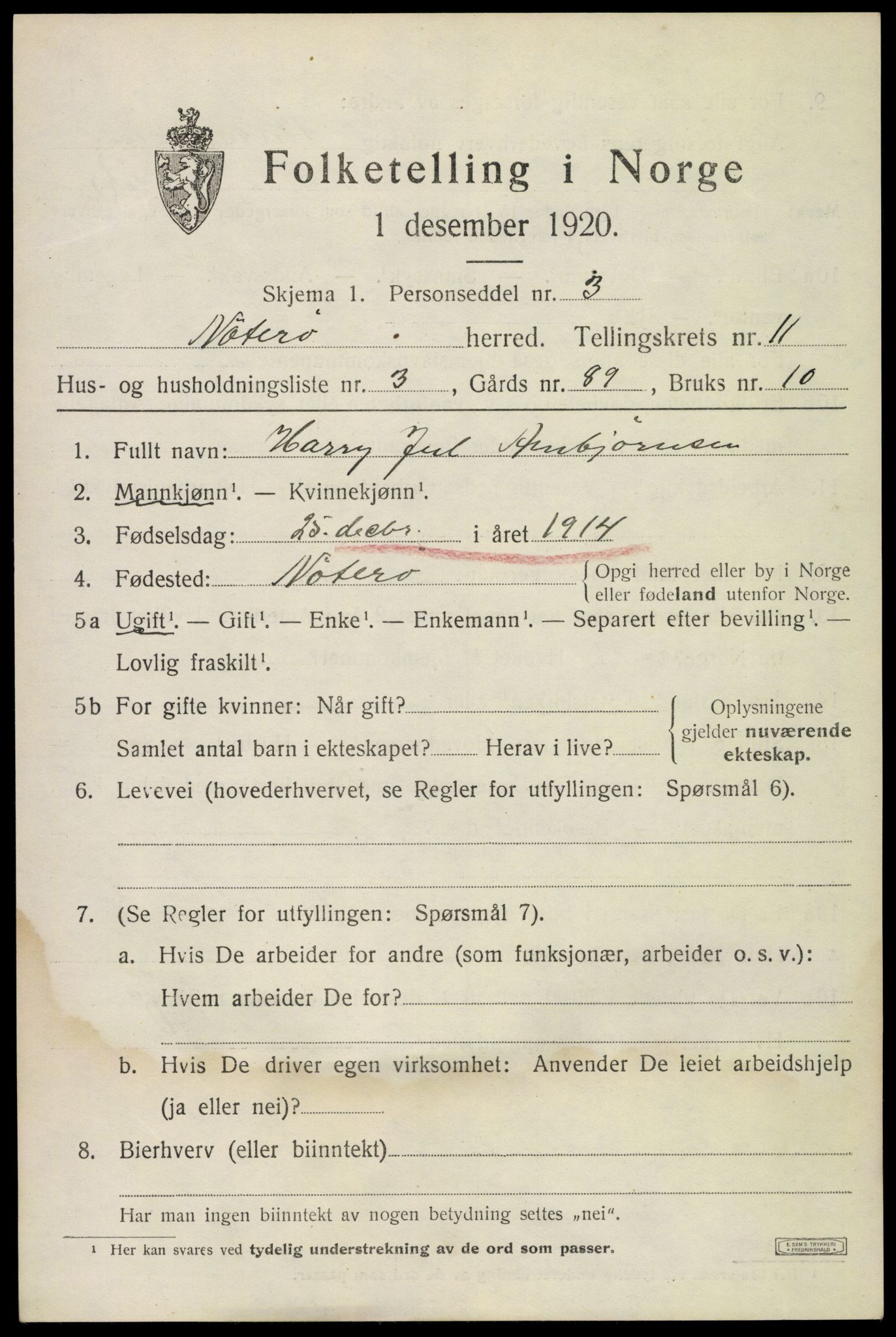 SAKO, 1920 census for Nøtterøy, 1920, p. 13591