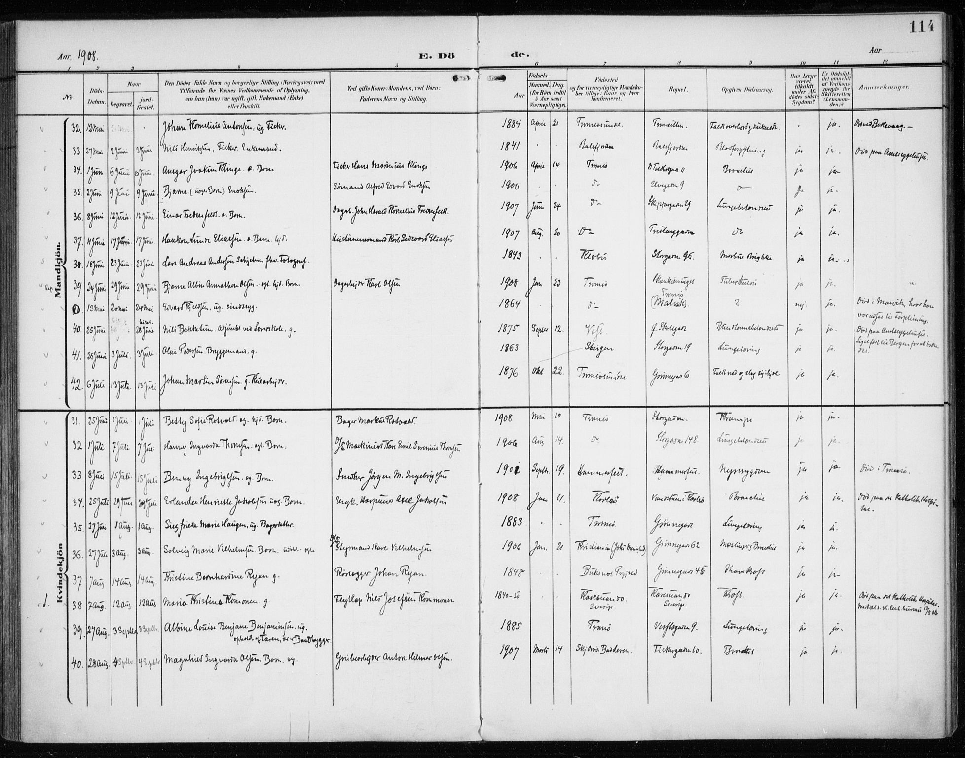 Tromsø sokneprestkontor/stiftsprosti/domprosti, AV/SATØ-S-1343/G/Ga/L0018kirke: Parish register (official) no. 18, 1907-1917, p. 114