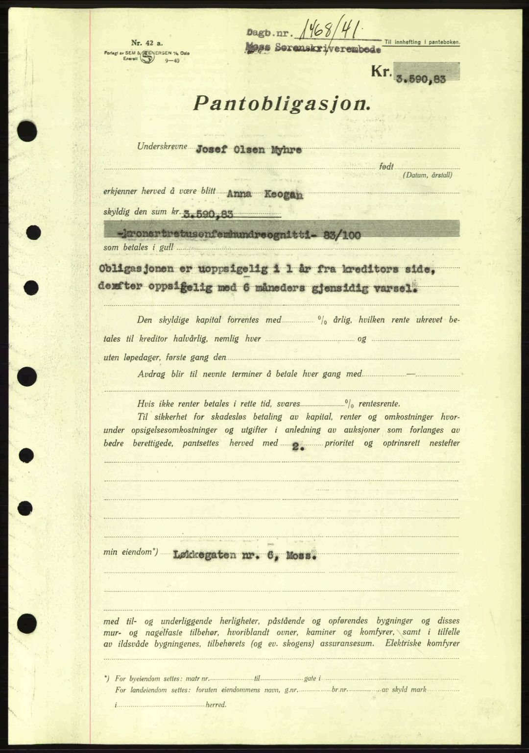 Moss sorenskriveri, AV/SAO-A-10168: Mortgage book no. B11, 1941-1942, Diary no: : 1468/1941