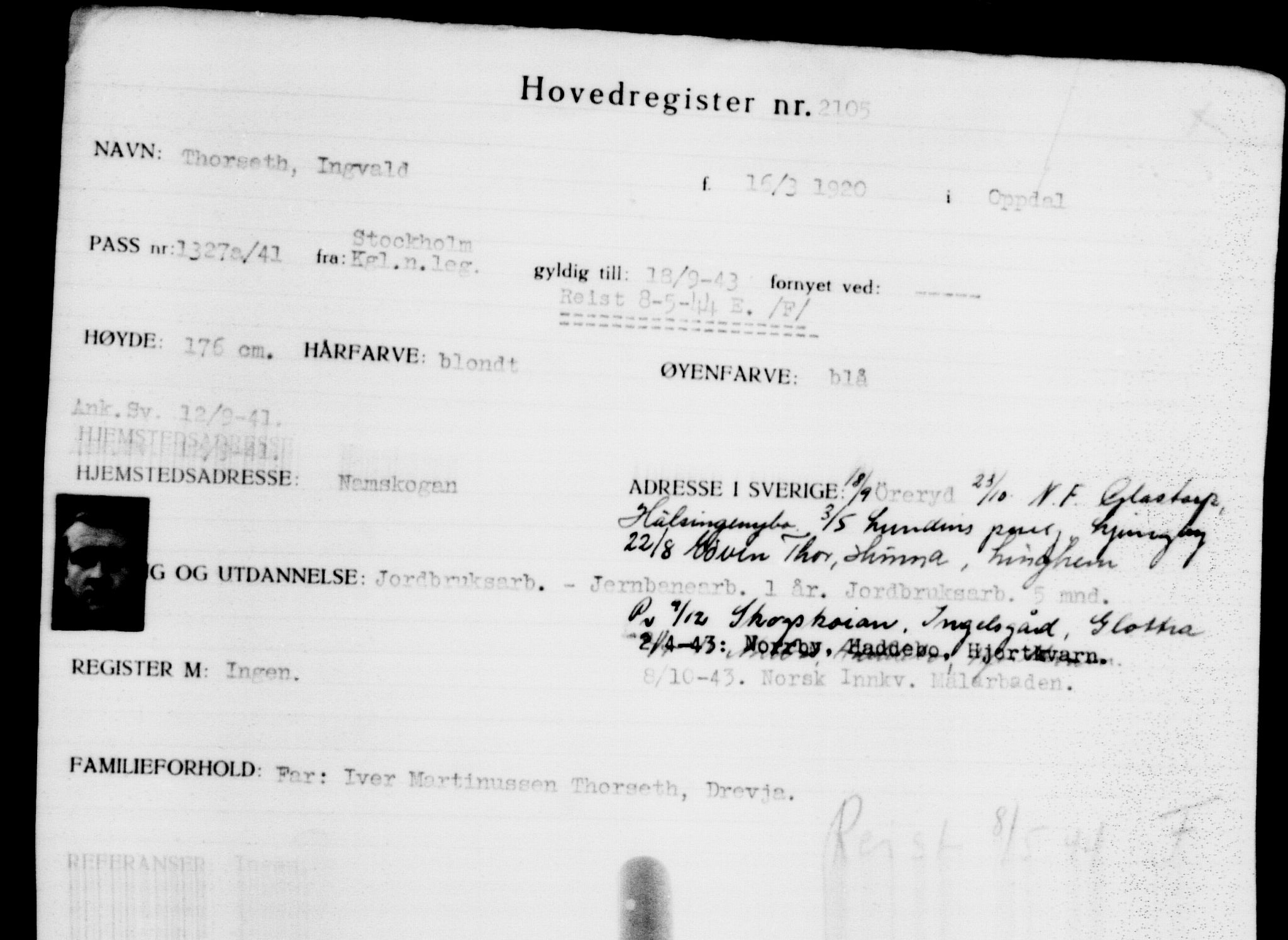 Utenriksstasjonene, Legasjonen i Stockholm, Flyktningkontoret, AV/RA-S-6753/V/Va/L0003: Kjesäterkartoteket, flyktninger med registreringsnr. 2001-3495, 1940-1945, p. 141