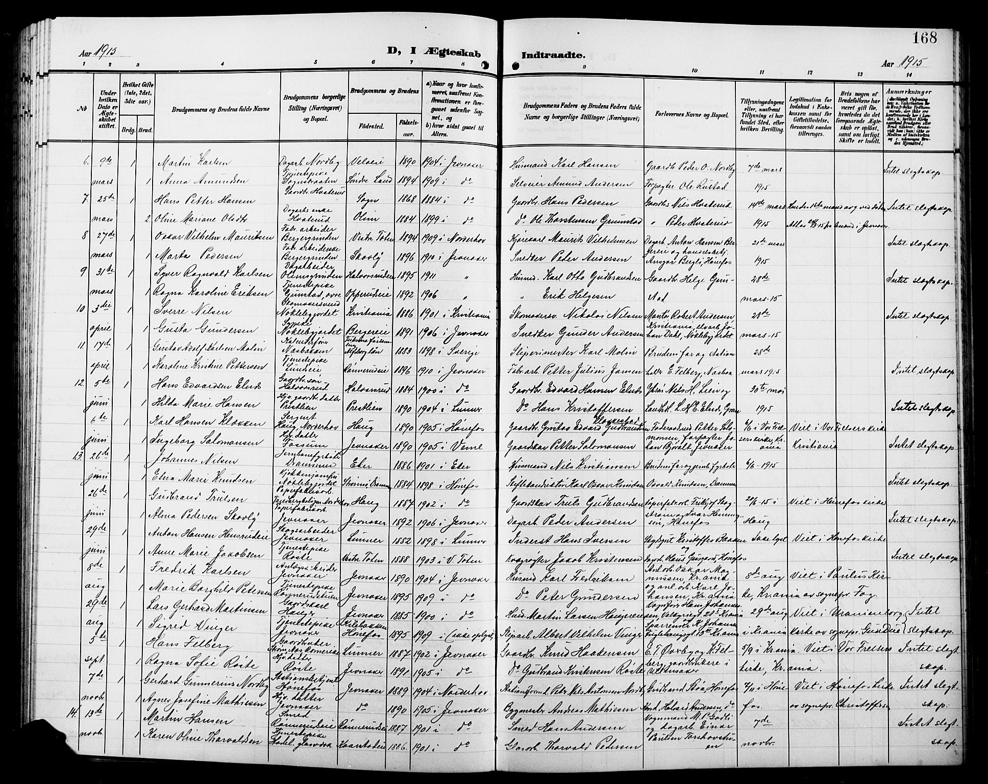 Jevnaker prestekontor, SAH/PREST-116/H/Ha/Hab/L0004: Parish register (copy) no. 4, 1907-1918, p. 168