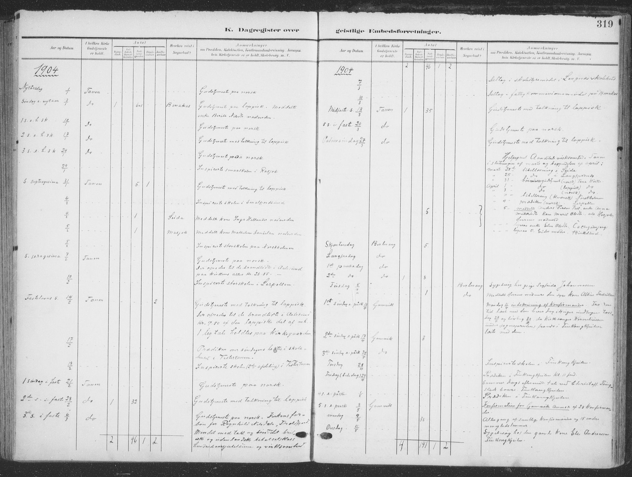 Tana sokneprestkontor, SATØ/S-1334/H/Ha/L0007kirke: Parish register (official) no. 7, 1904-1918, p. 319