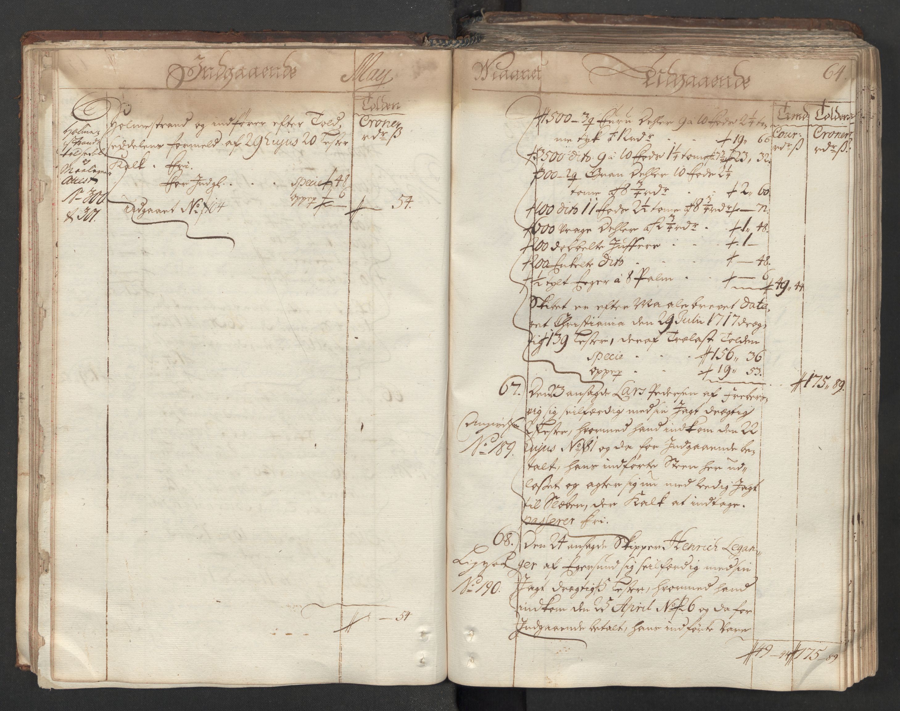 Generaltollkammeret, tollregnskaper, AV/RA-EA-5490/R06/L0012/0001: Tollregnskaper Kristiania / Hovedtollbok, 1731, p. 63b-64a