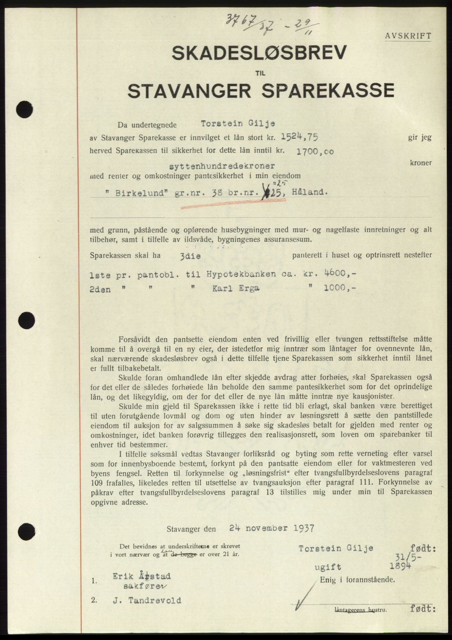 Jæren sorenskriveri, SAST/A-100310/03/G/Gba/L0069: Mortgage book, 1937-1937, Diary no: : 3767/1937
