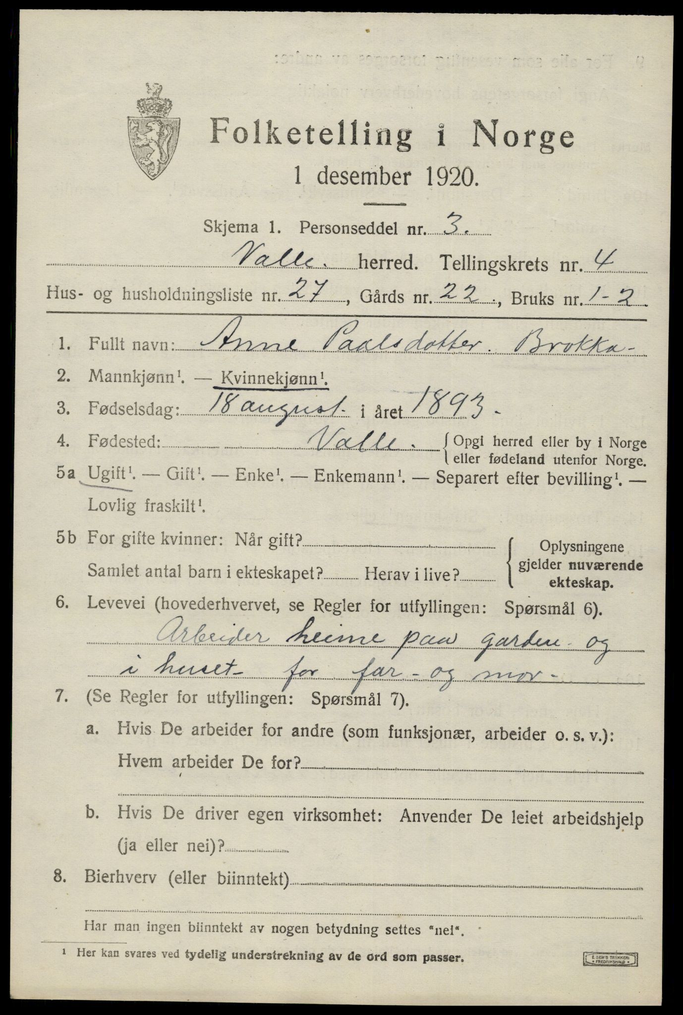 SAK, 1920 census for Valle, 1920, p. 2281