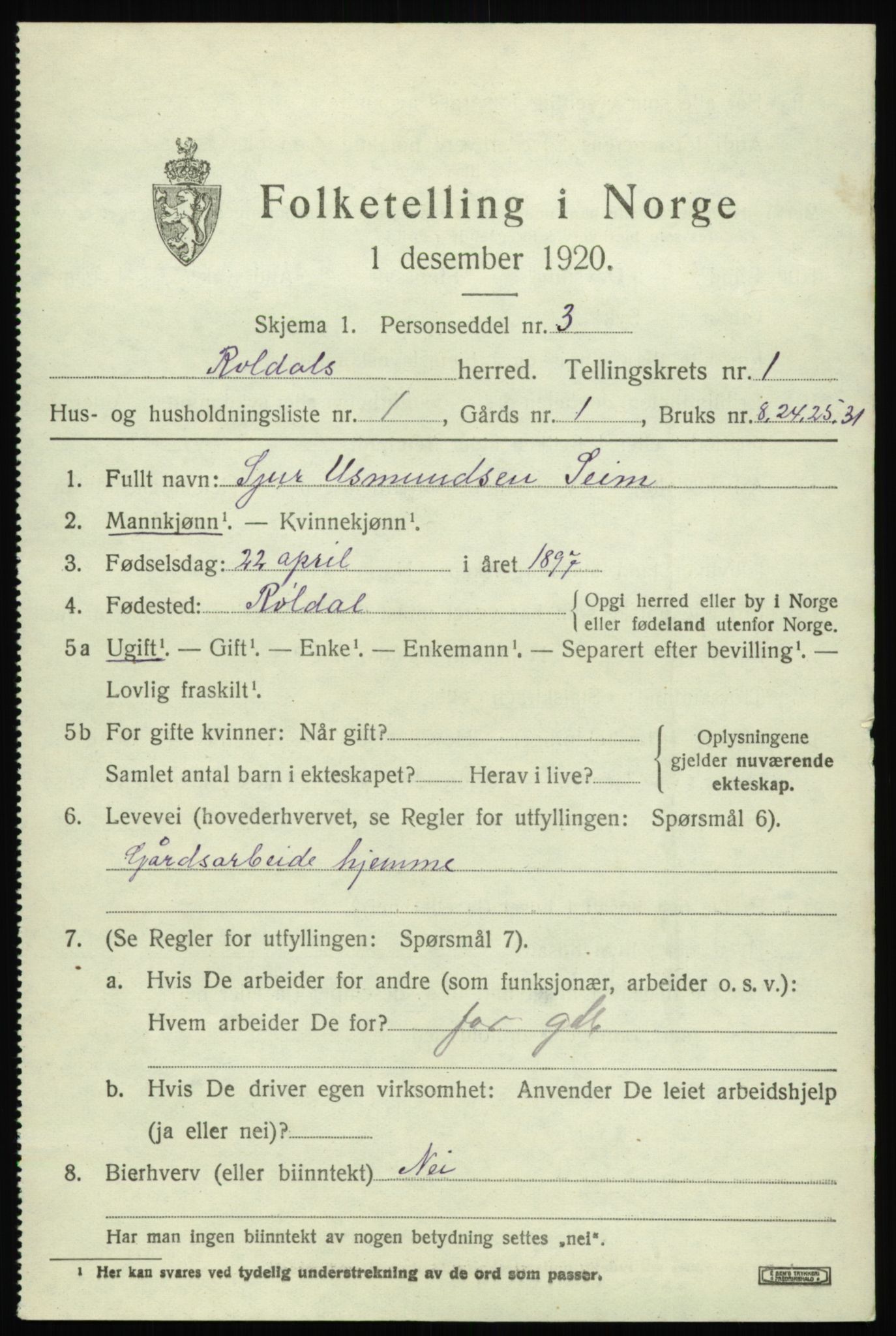 SAB, 1920 census for Røldal, 1920, p. 335