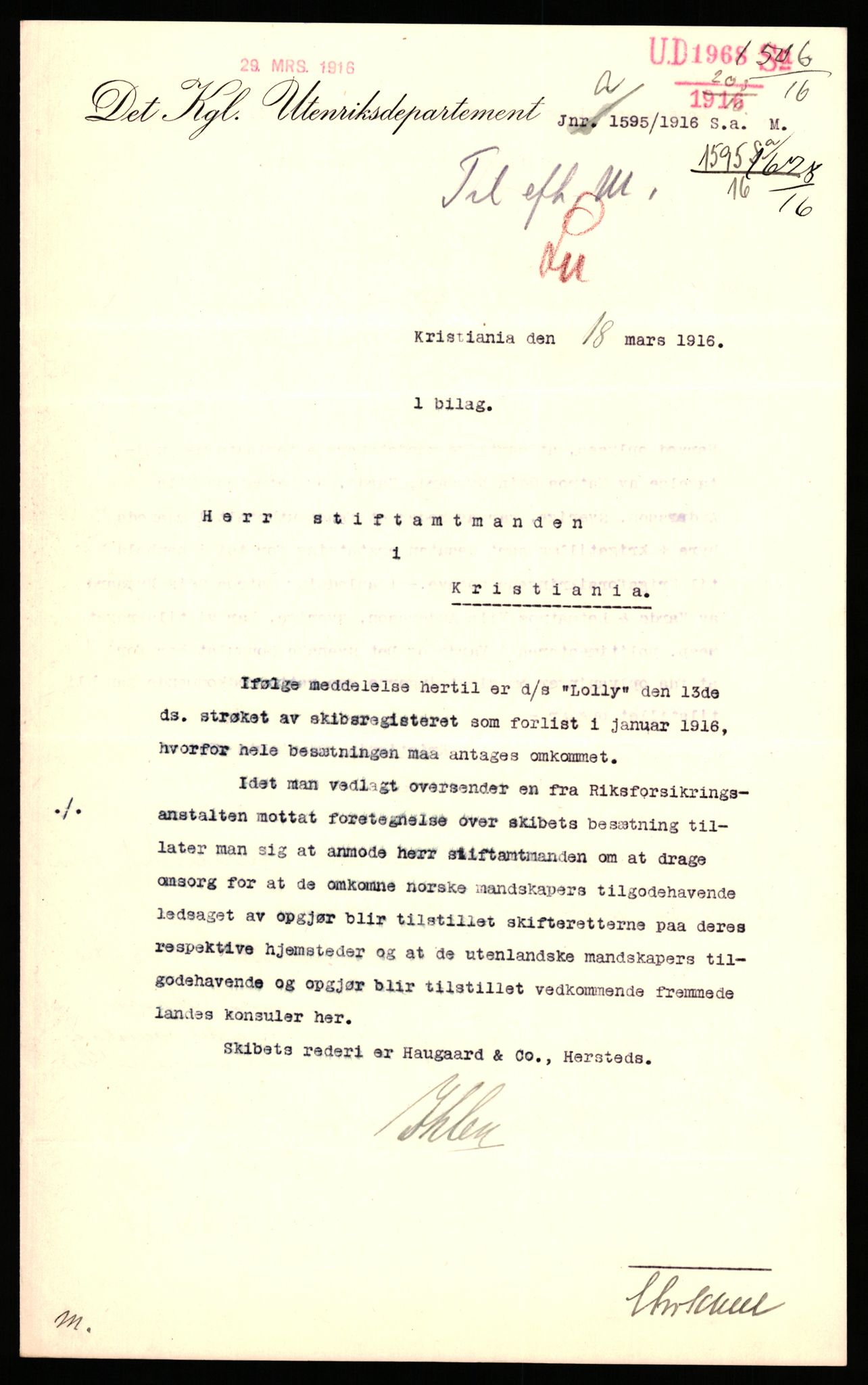 Handelsdepartementet, Sjøfartsavdelingen, 1. sjømannskontor, AV/RA-S-1405/D/Dm/L0010: Forliste skip Lar - Min, 1906-1920, p. 410