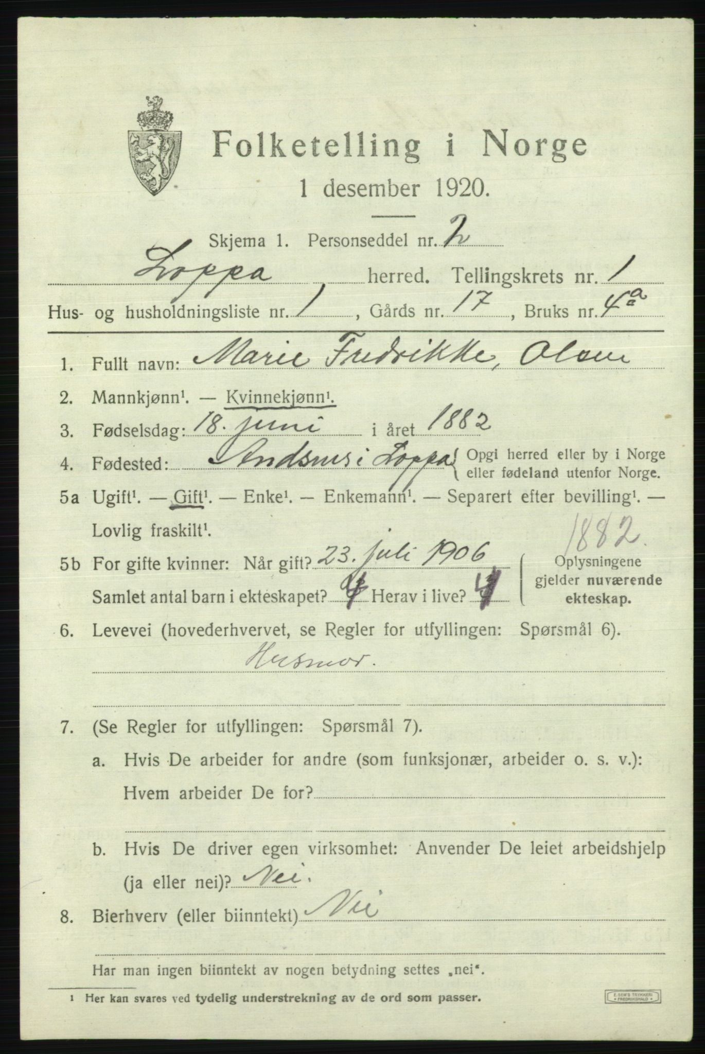 SATØ, 1920 census for Loppa, 1920, p. 624