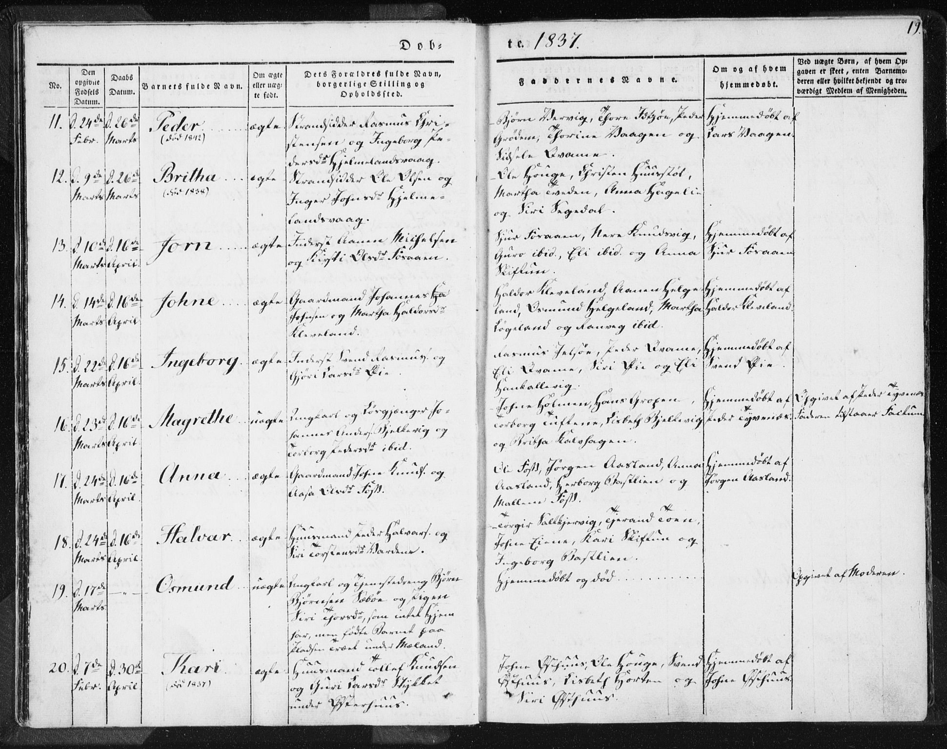 Hjelmeland sokneprestkontor, AV/SAST-A-101843/01/IV/L0006: Parish register (official) no. A 6, 1834-1845, p. 19