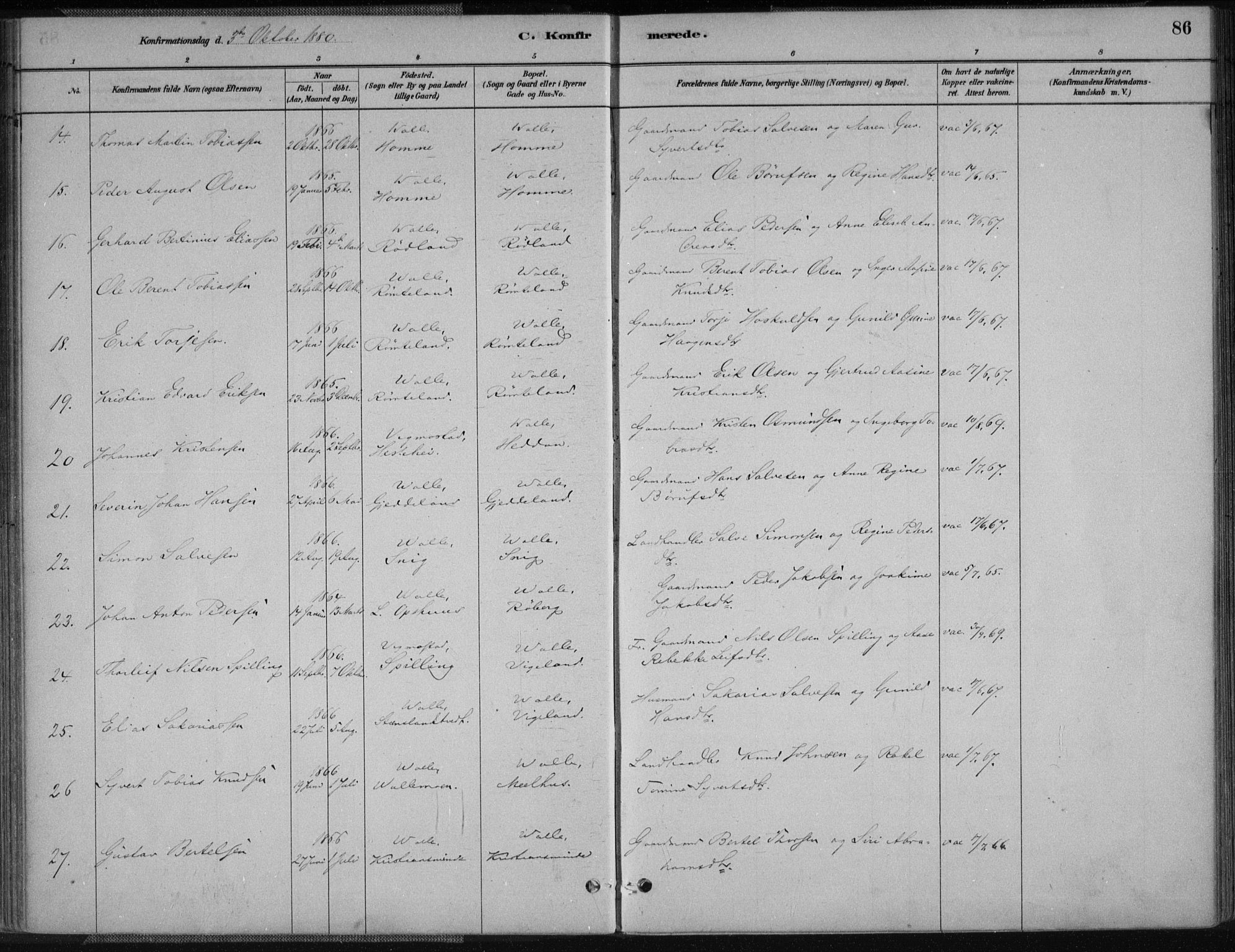 Sør-Audnedal sokneprestkontor, AV/SAK-1111-0039/F/Fa/Fab/L0009: Parish register (official) no. A 9, 1880-1895, p. 86