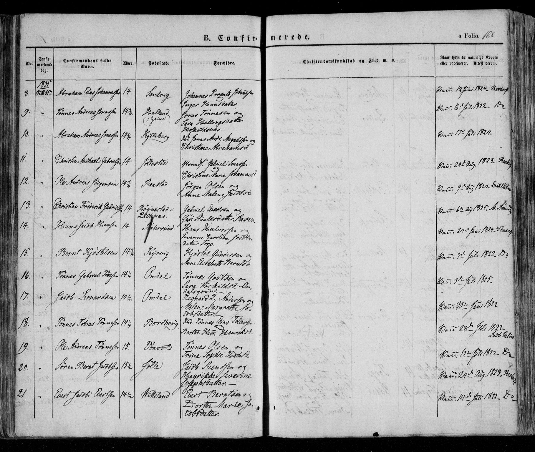 Lista sokneprestkontor, AV/SAK-1111-0027/F/Fa/L0009: Parish register (official) no. A 9, 1835-1846, p. 168