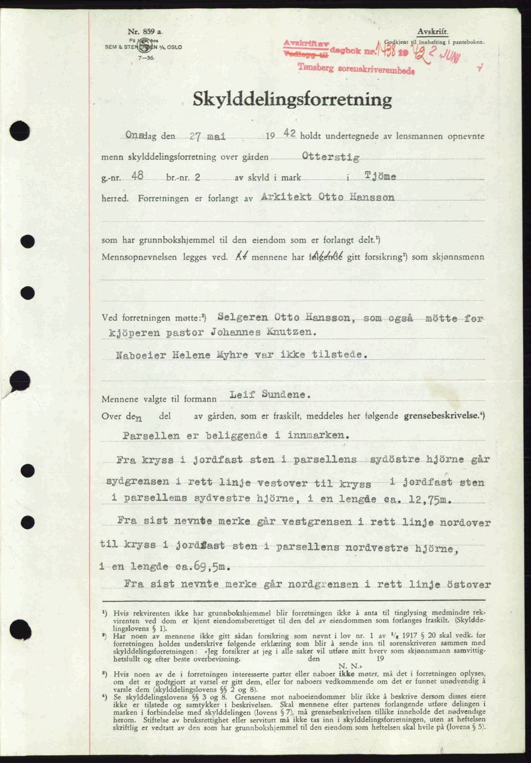 Tønsberg sorenskriveri, AV/SAKO-A-130/G/Ga/Gaa/L0011: Mortgage book no. A11, 1941-1942, Diary no: : 1438/1942