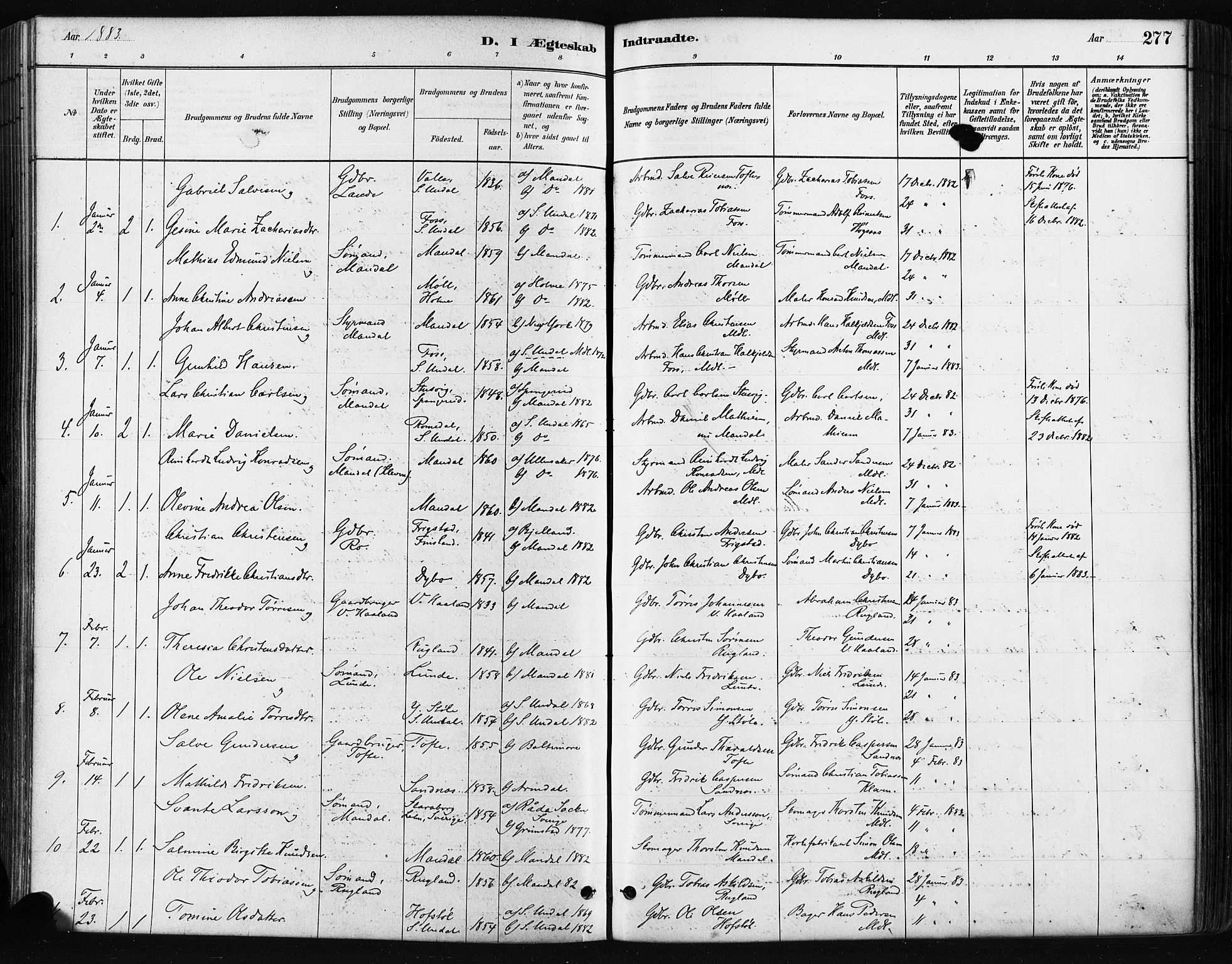 Mandal sokneprestkontor, SAK/1111-0030/F/Fa/Faa/L0016: Parish register (official) no. A 16, 1880-1890, p. 277