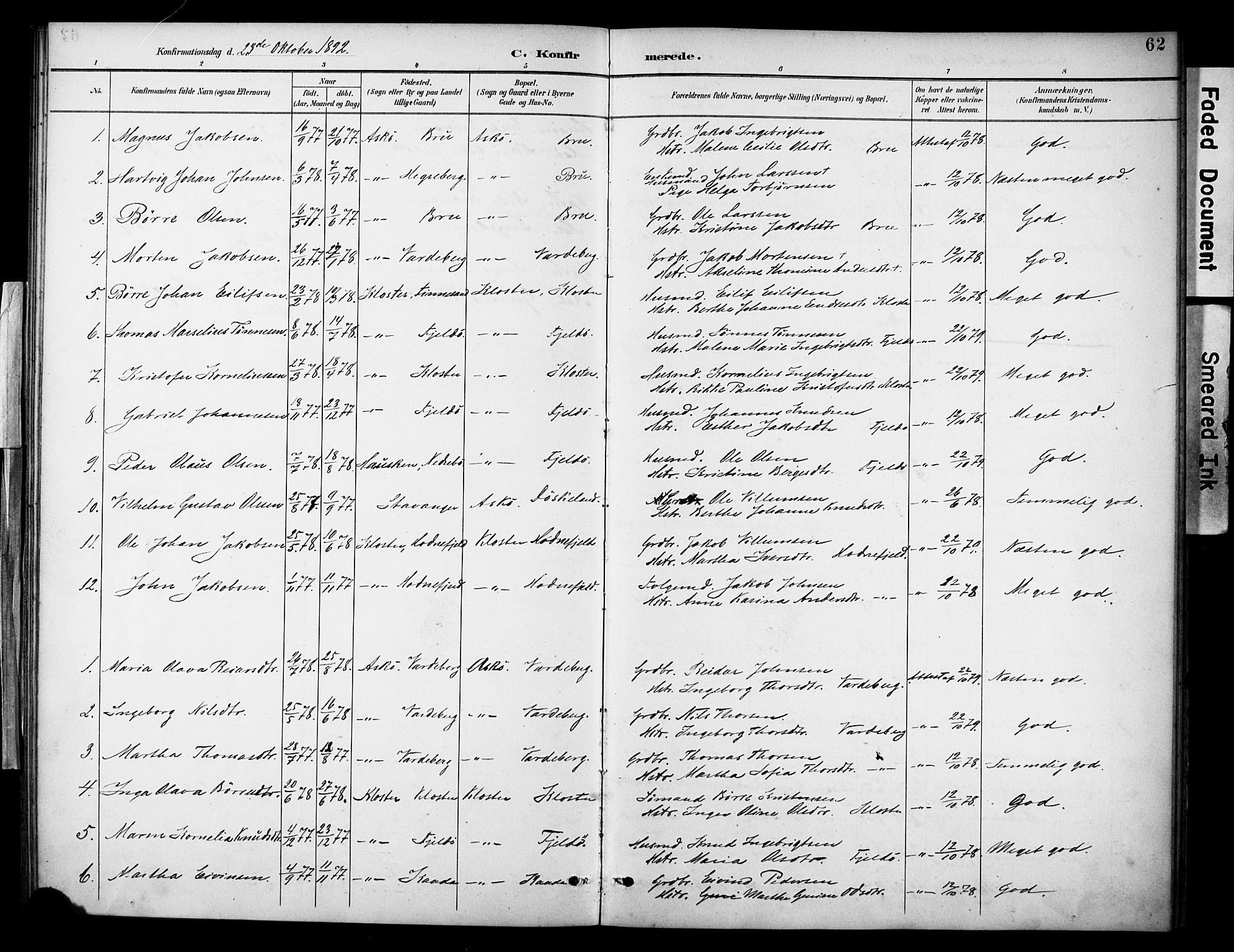 Rennesøy sokneprestkontor, AV/SAST-A -101827/H/Ha/Haa/L0015: Parish register (official) no. A 15, 1891-1908, p. 62