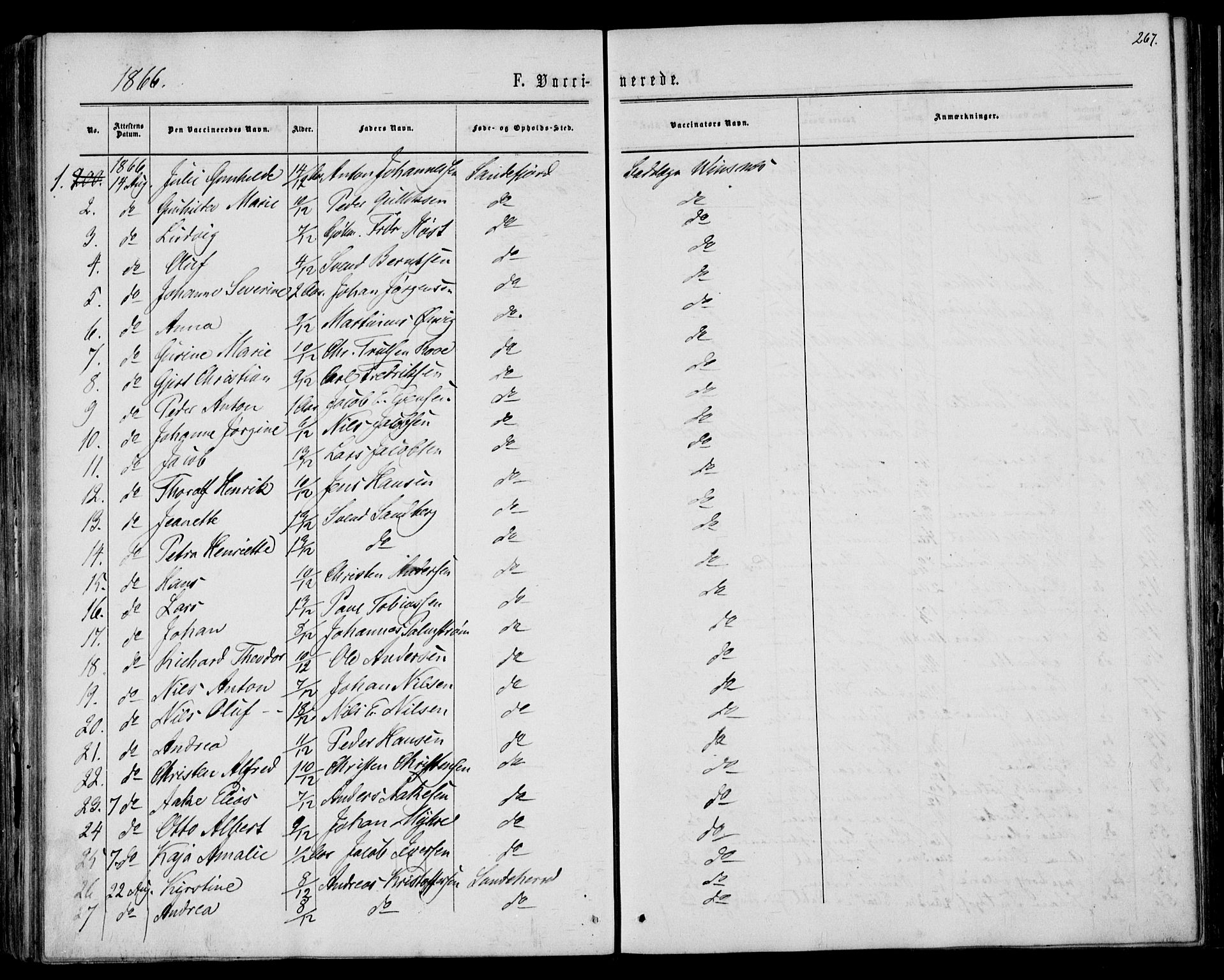 Sandar kirkebøker, AV/SAKO-A-243/F/Fa/L0009: Parish register (official) no. 9, 1862-1871, p. 267