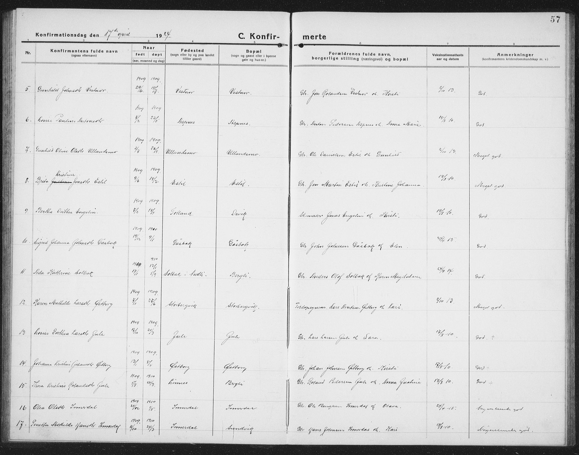 Ministerialprotokoller, klokkerbøker og fødselsregistre - Nord-Trøndelag, AV/SAT-A-1458/757/L0507: Parish register (copy) no. 757C02, 1923-1939, p. 57