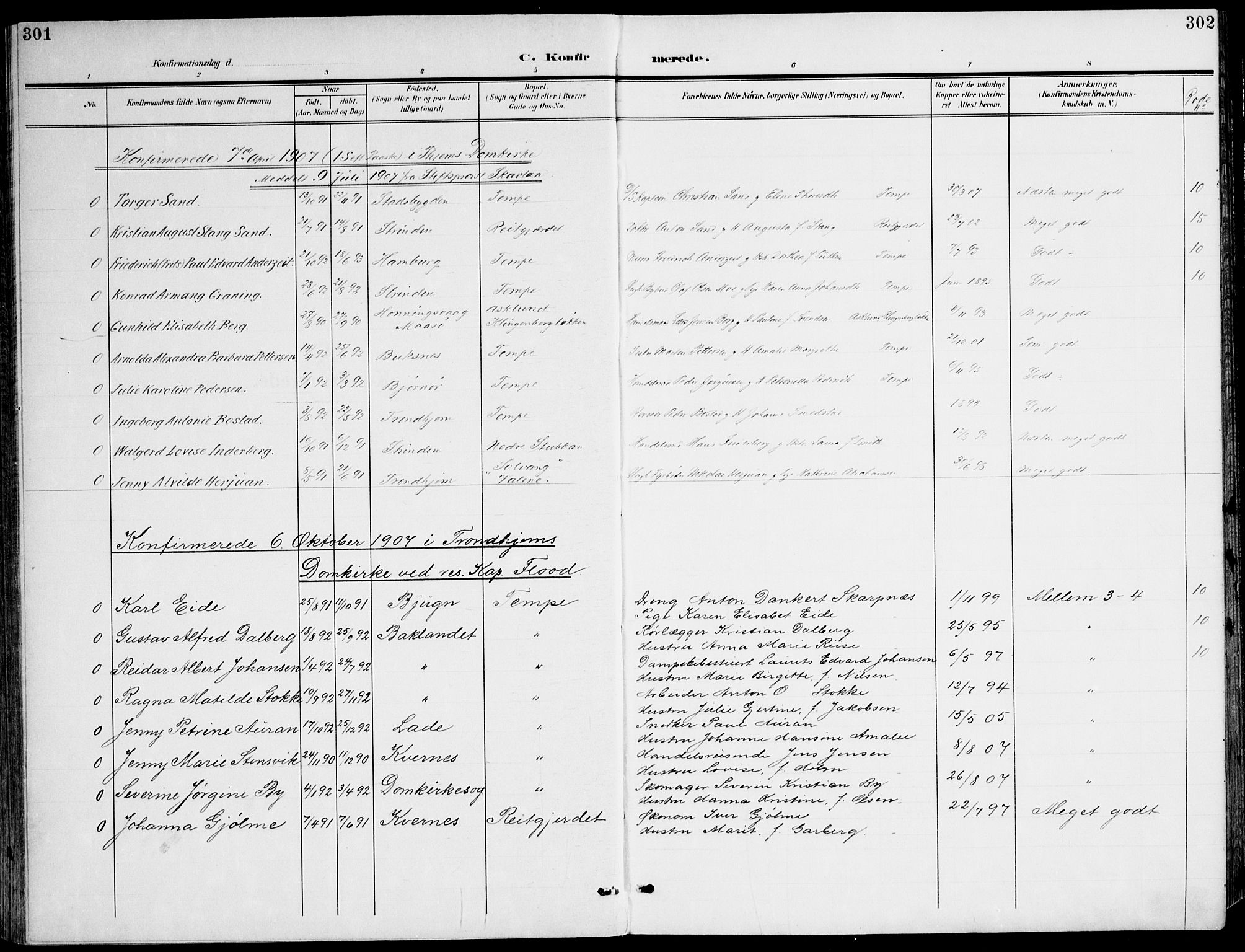Ministerialprotokoller, klokkerbøker og fødselsregistre - Sør-Trøndelag, SAT/A-1456/607/L0320: Parish register (official) no. 607A04, 1907-1915, p. 301-302