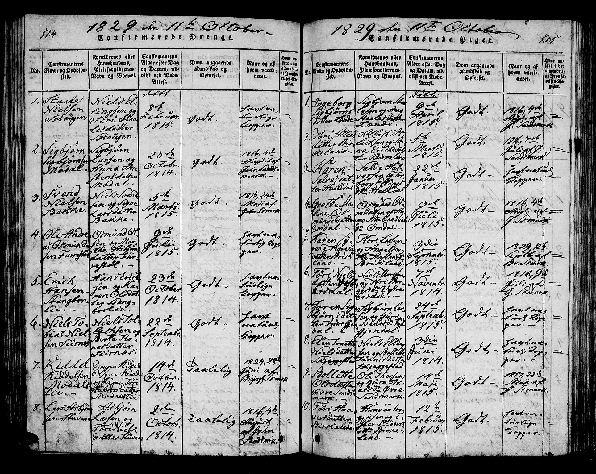 Bakke sokneprestkontor, SAK/1111-0002/F/Fa/Faa/L0003: Parish register (official) no. A 3, 1815-1835, p. 514-515