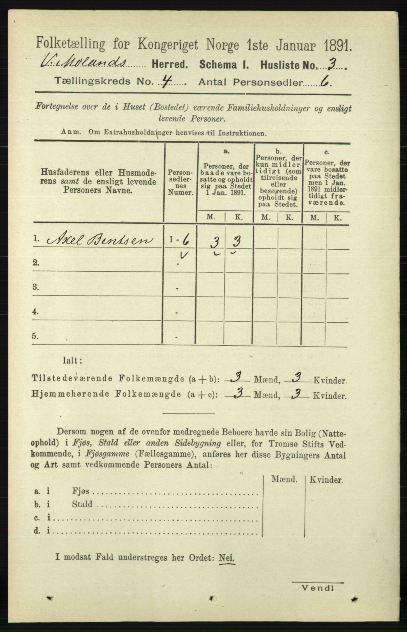 RA, 1891 census for 0926 Vestre Moland, 1891, p. 1144