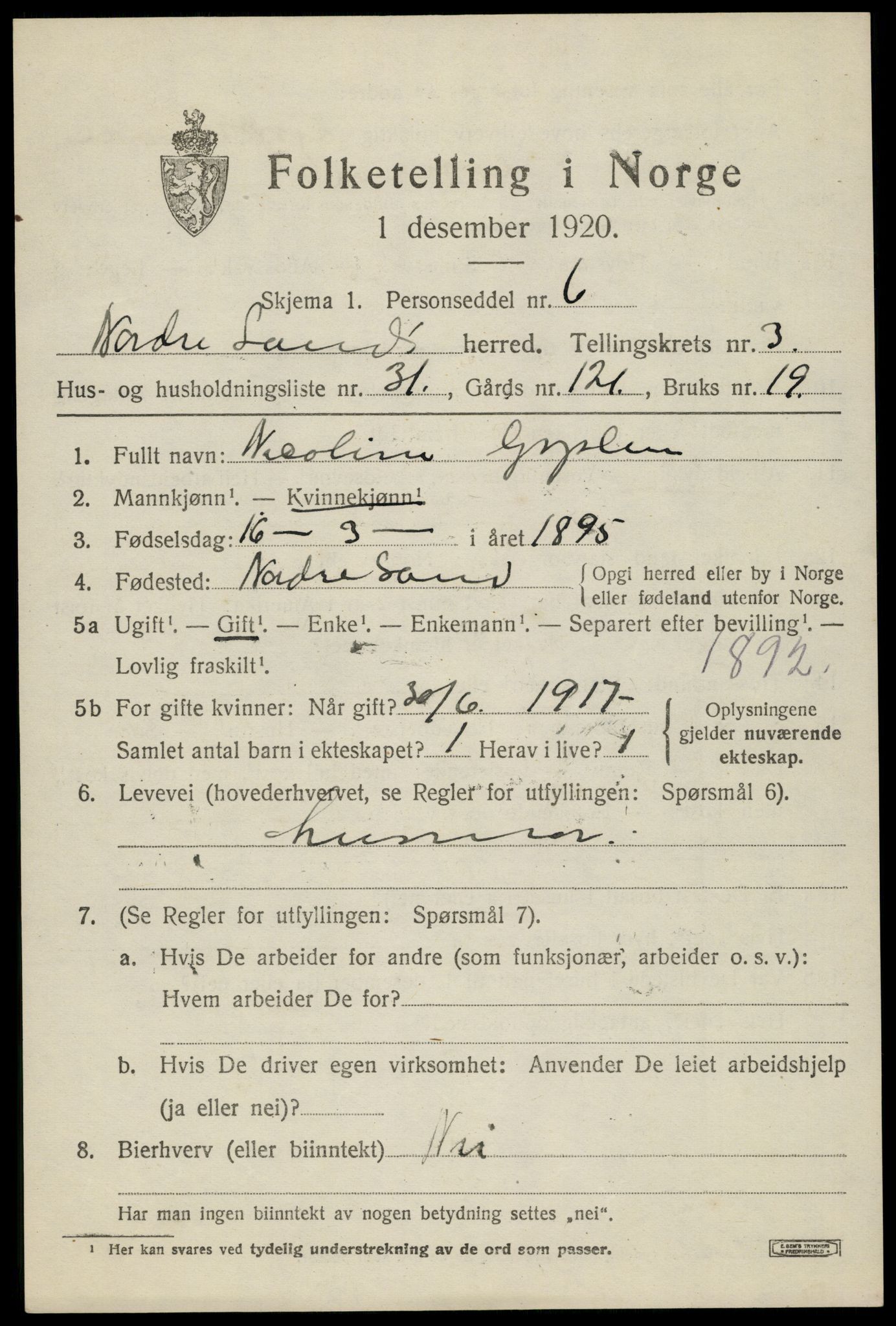 SAH, 1920 census for Nordre Land, 1920, p. 2634