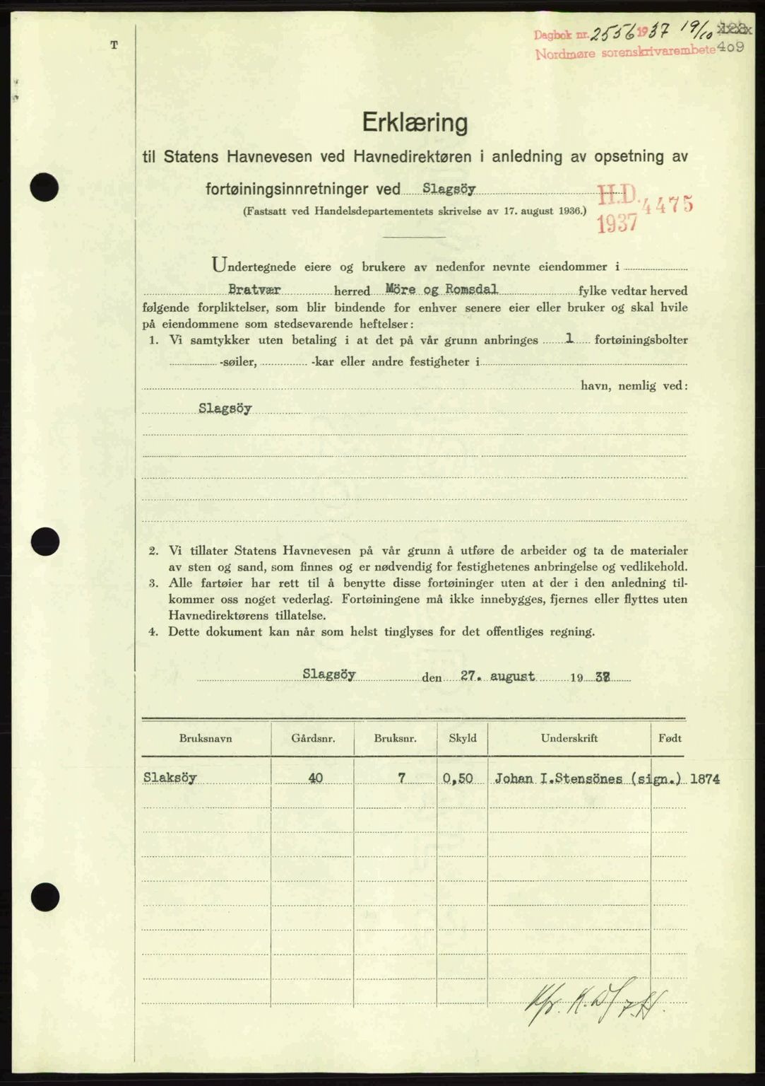 Nordmøre sorenskriveri, SAT/A-4132/1/2/2Ca: Mortgage book no. A82, 1937-1938, Diary no: : 2556/1937